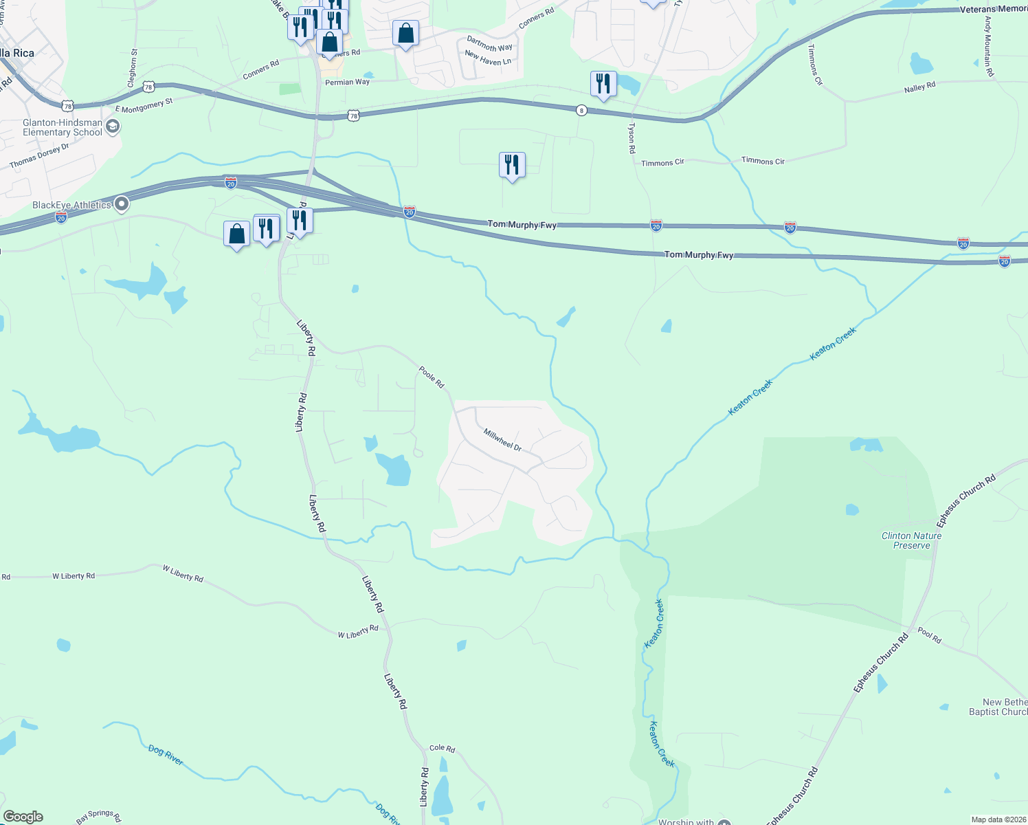 map of restaurants, bars, coffee shops, grocery stores, and more near 158 Whetstone Way in Villa Rica