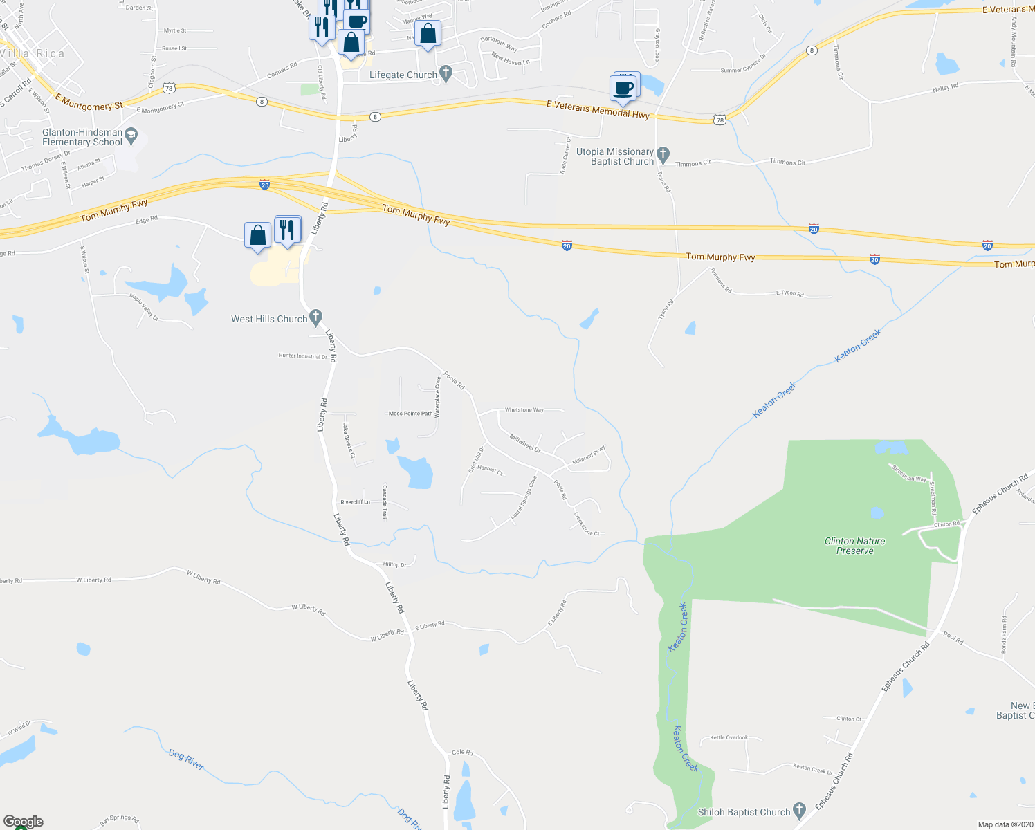 map of restaurants, bars, coffee shops, grocery stores, and more near 138 Whetstone Way in Villa Rica