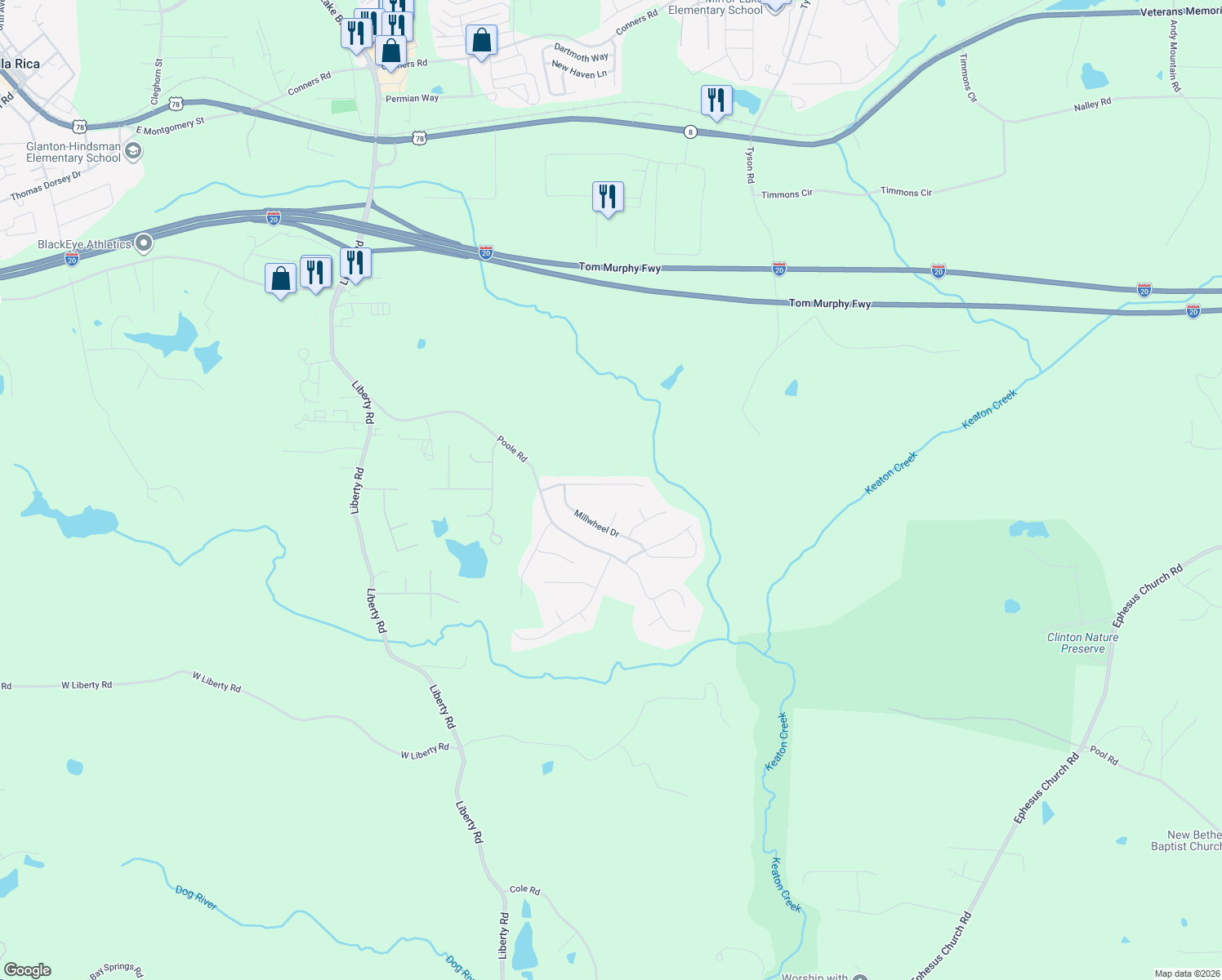 map of restaurants, bars, coffee shops, grocery stores, and more near 158 Whetstone Way in Villa Rica