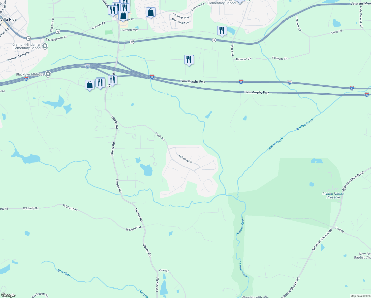 map of restaurants, bars, coffee shops, grocery stores, and more near 146 Whetstone Way in Villa Rica