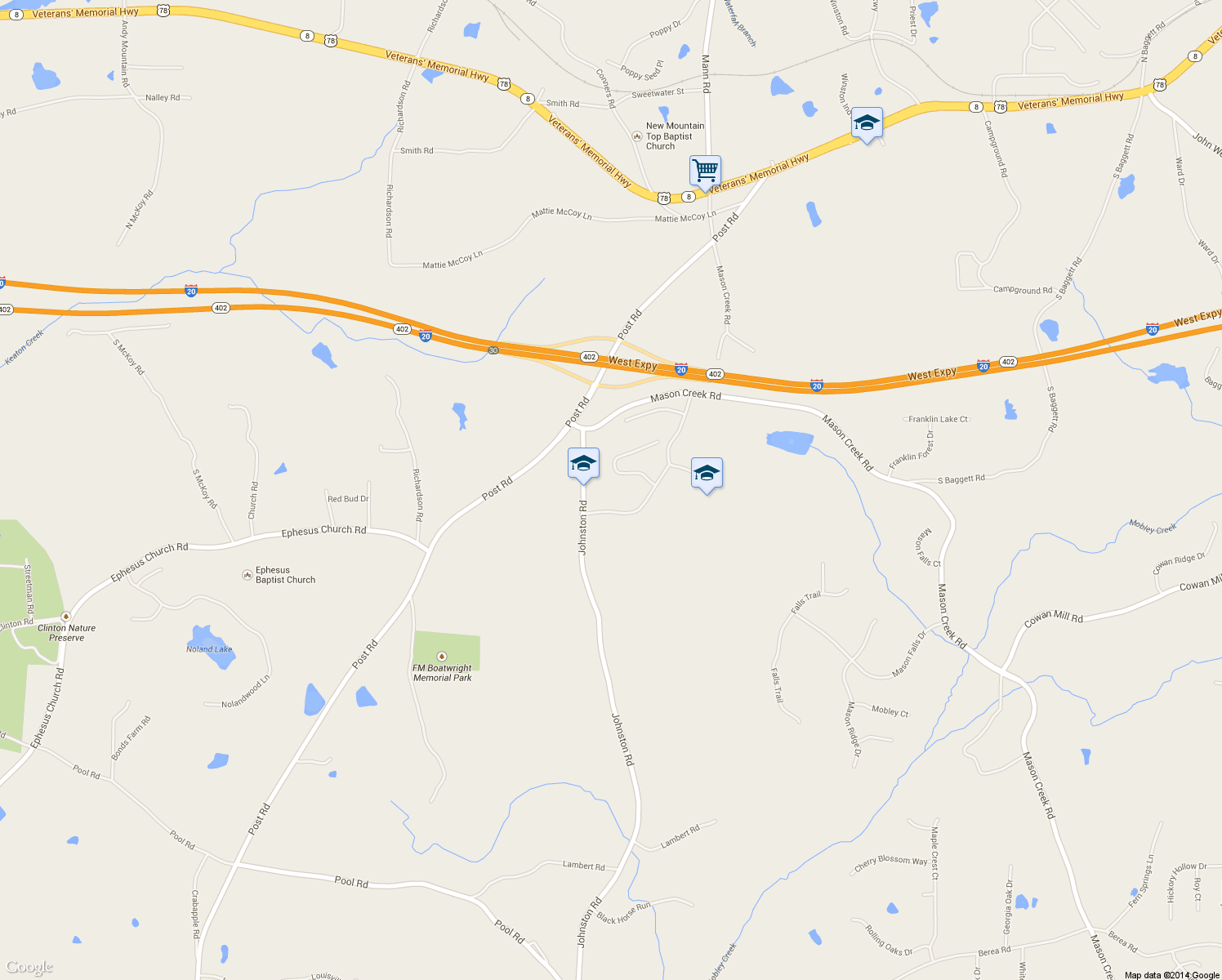 map of restaurants, bars, coffee shops, grocery stores, and more near 3390 Johnston Road in Winston