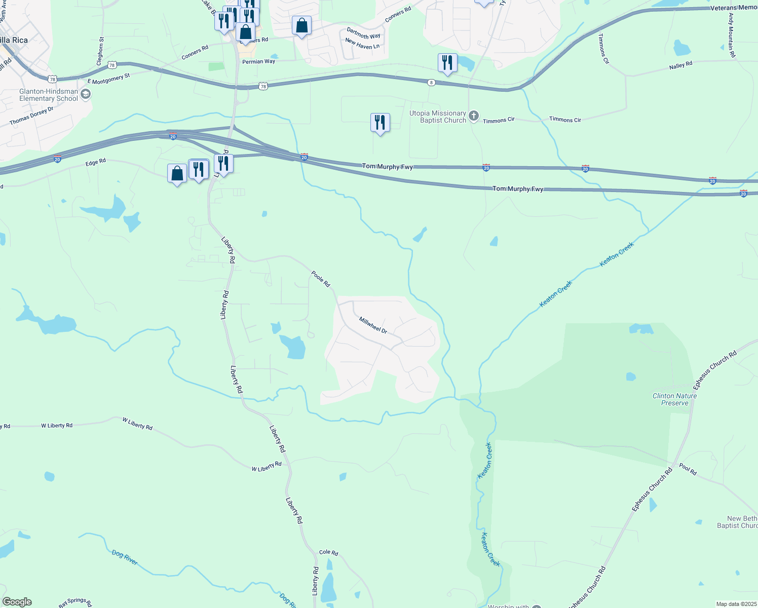 map of restaurants, bars, coffee shops, grocery stores, and more near 154 Whetstone Way in Villa Rica