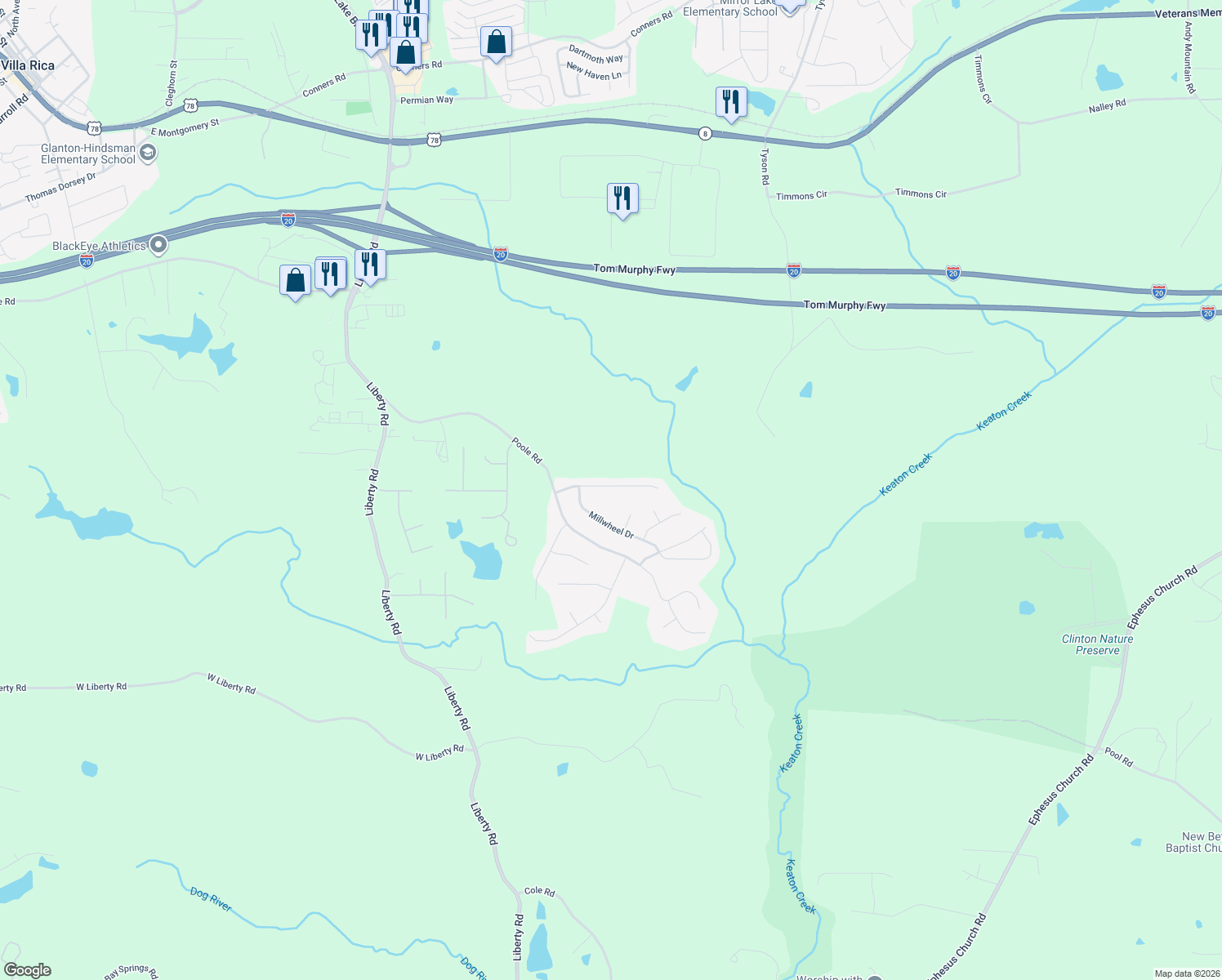 map of restaurants, bars, coffee shops, grocery stores, and more near 146 Whetstone Way in Villa Rica