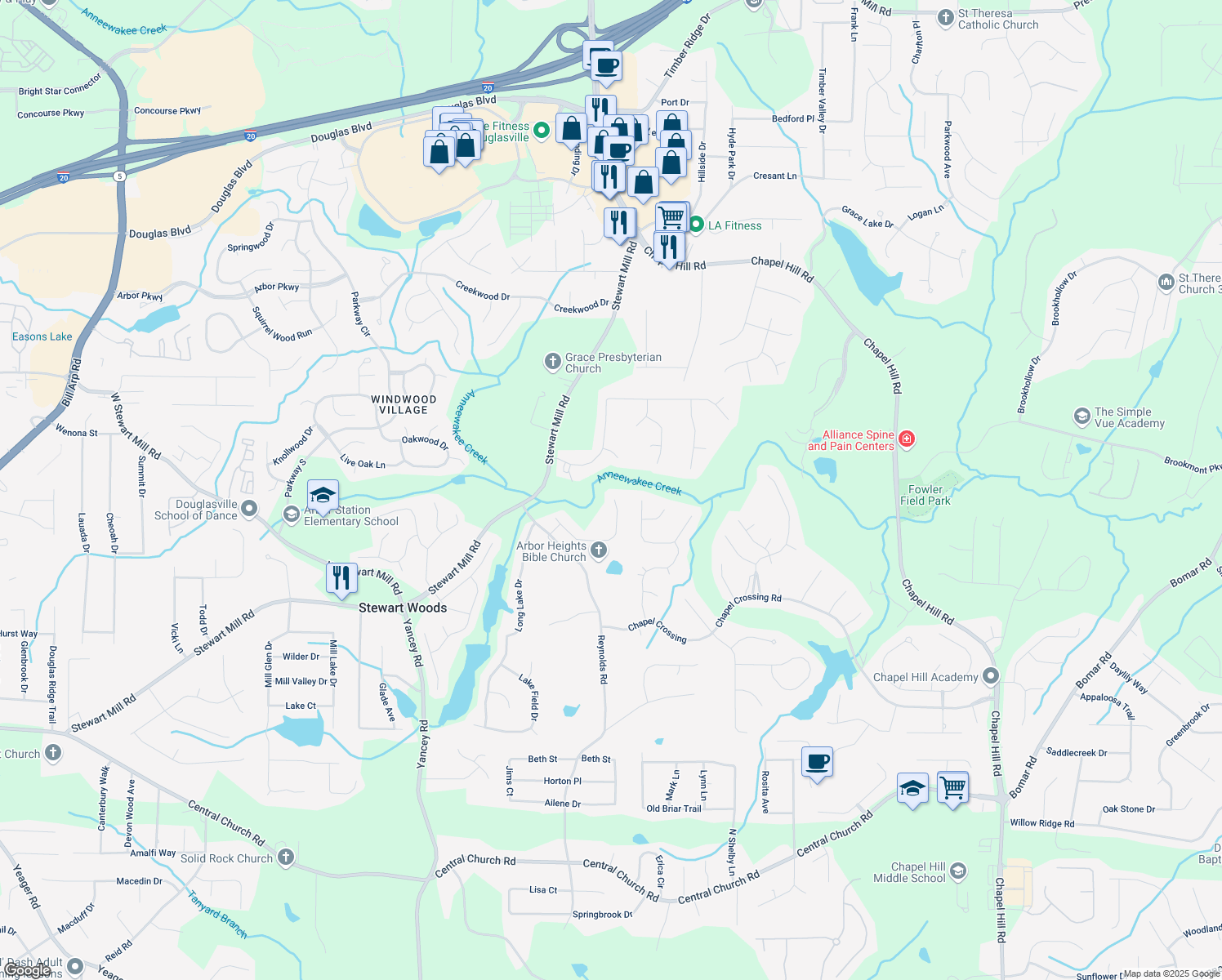 map of restaurants, bars, coffee shops, grocery stores, and more near 4929 Calgary Drive in Douglasville
