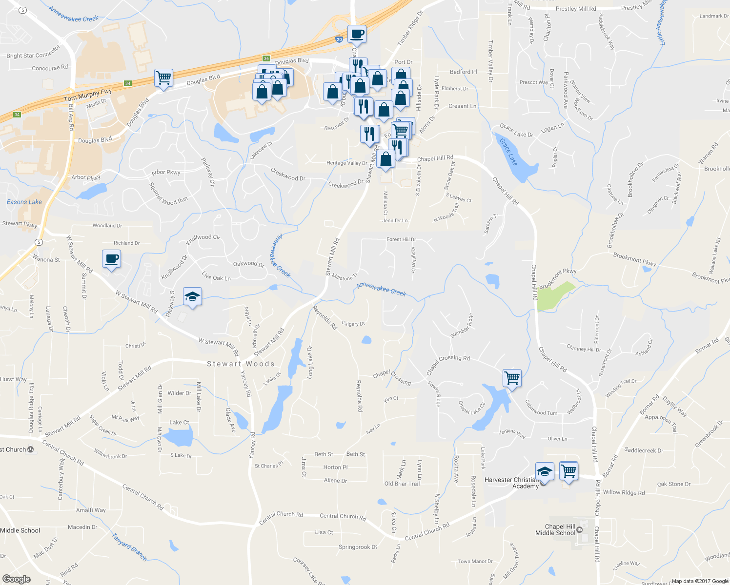 map of restaurants, bars, coffee shops, grocery stores, and more near 4929 Calgary Drive in Douglasville