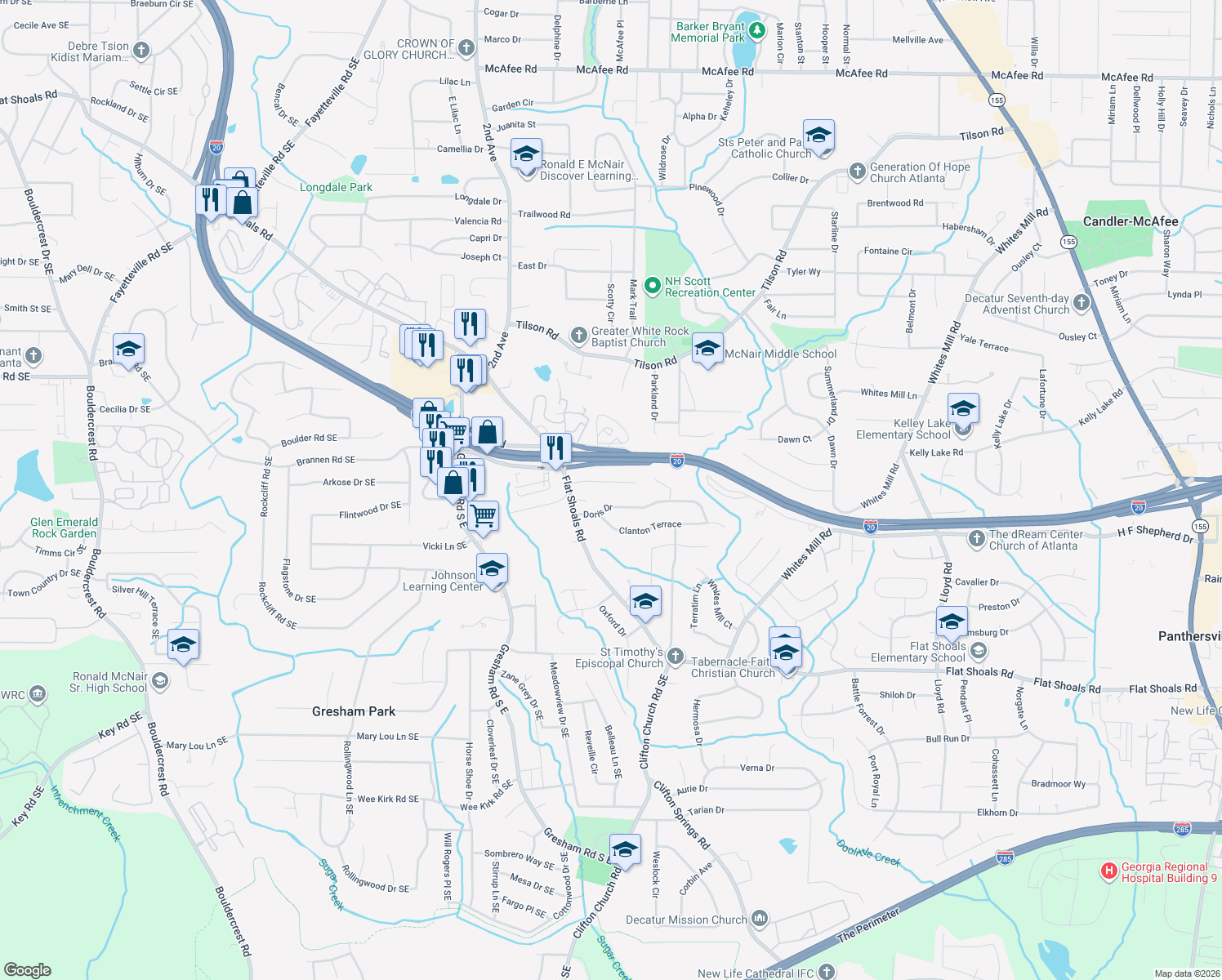 map of restaurants, bars, coffee shops, grocery stores, and more near 2145 Rexford Drive in Decatur