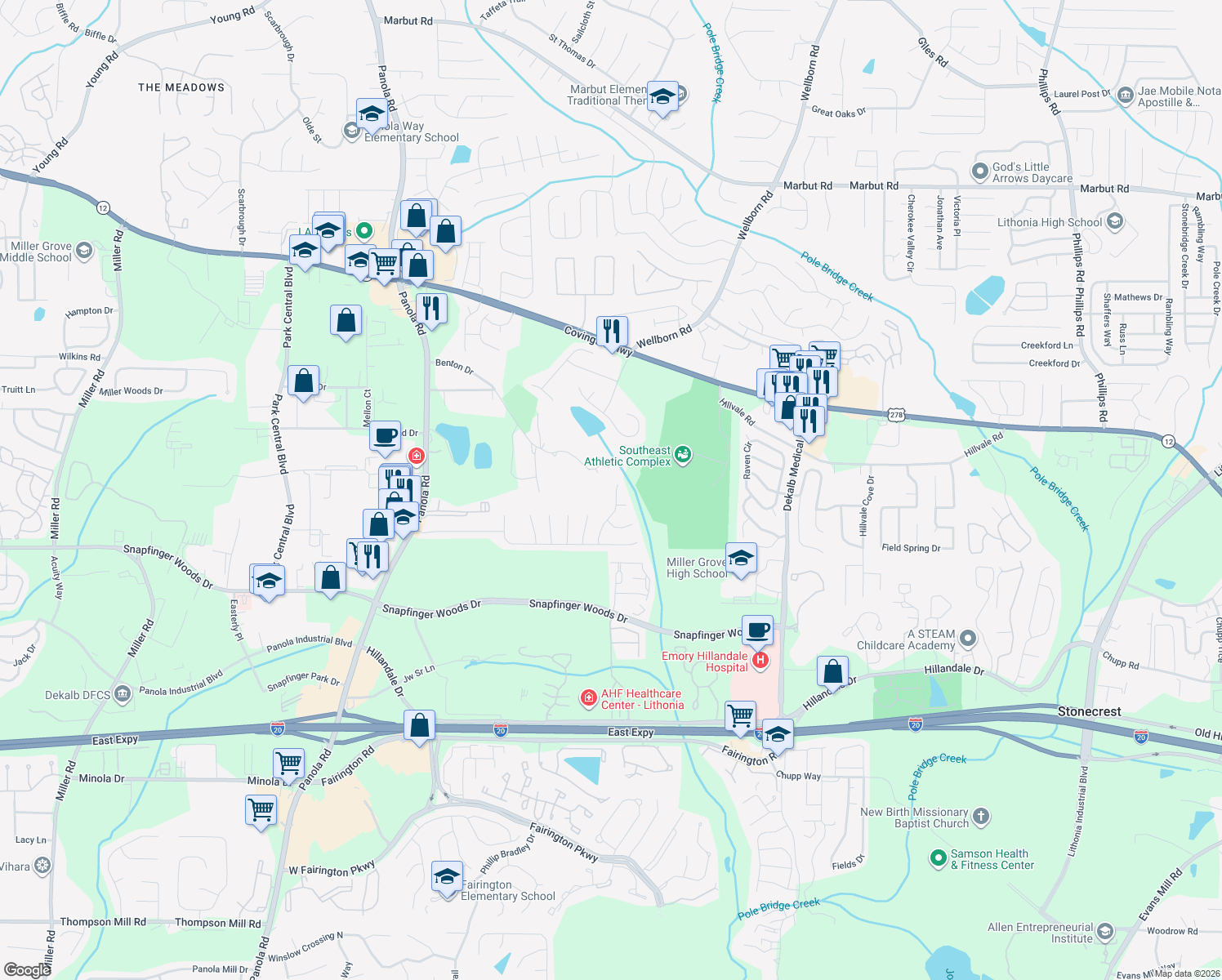 map of restaurants, bars, coffee shops, grocery stores, and more near 2497 Willenhall Way in Lithonia