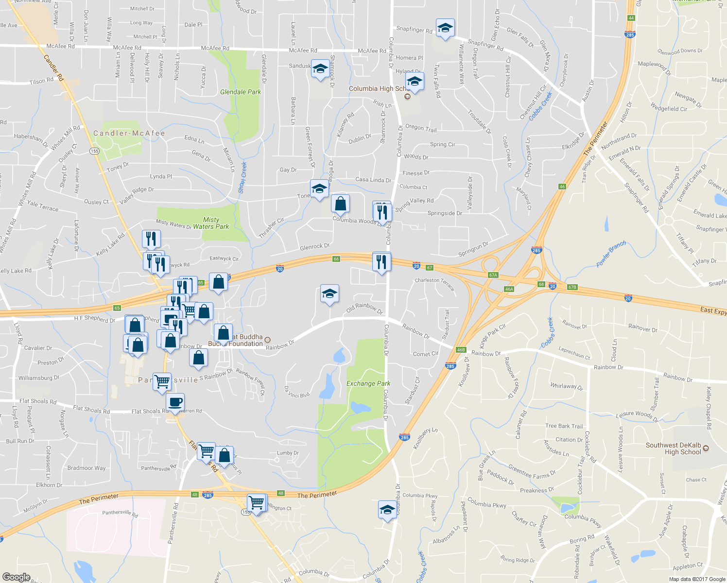 map of restaurants, bars, coffee shops, grocery stores, and more near 3267 Abbeywood Drive in Decatur
