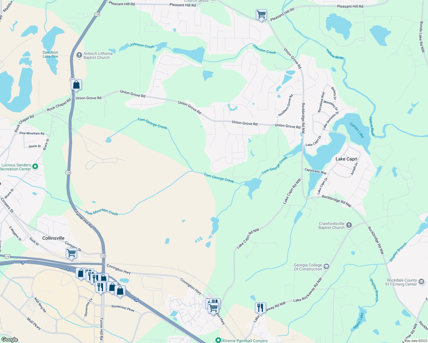 map of restaurants, bars, coffee shops, grocery stores, and more near 7698 Hansel Lane in Lithonia