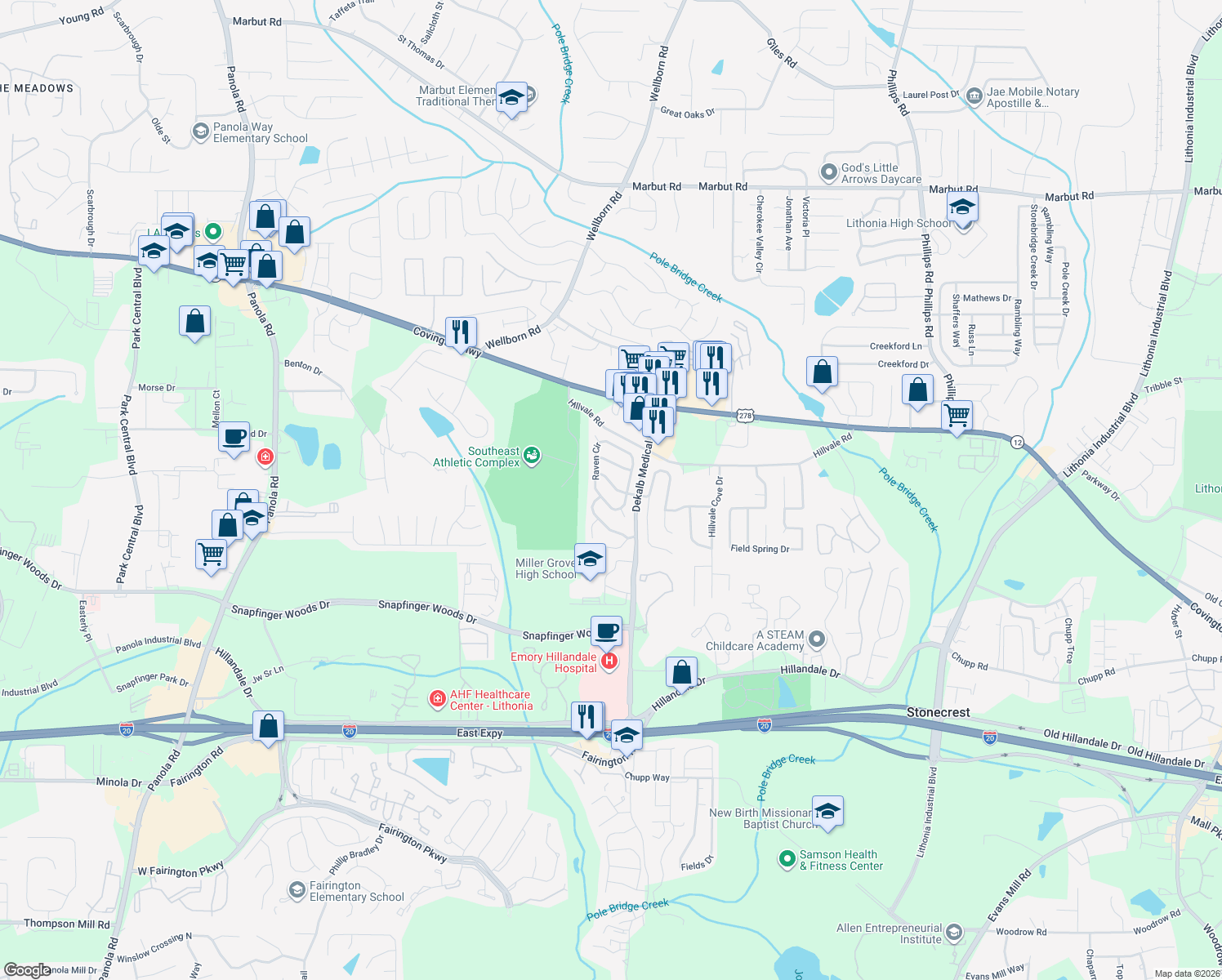 map of restaurants, bars, coffee shops, grocery stores, and more near 5903 Raven Ln in Lithonia