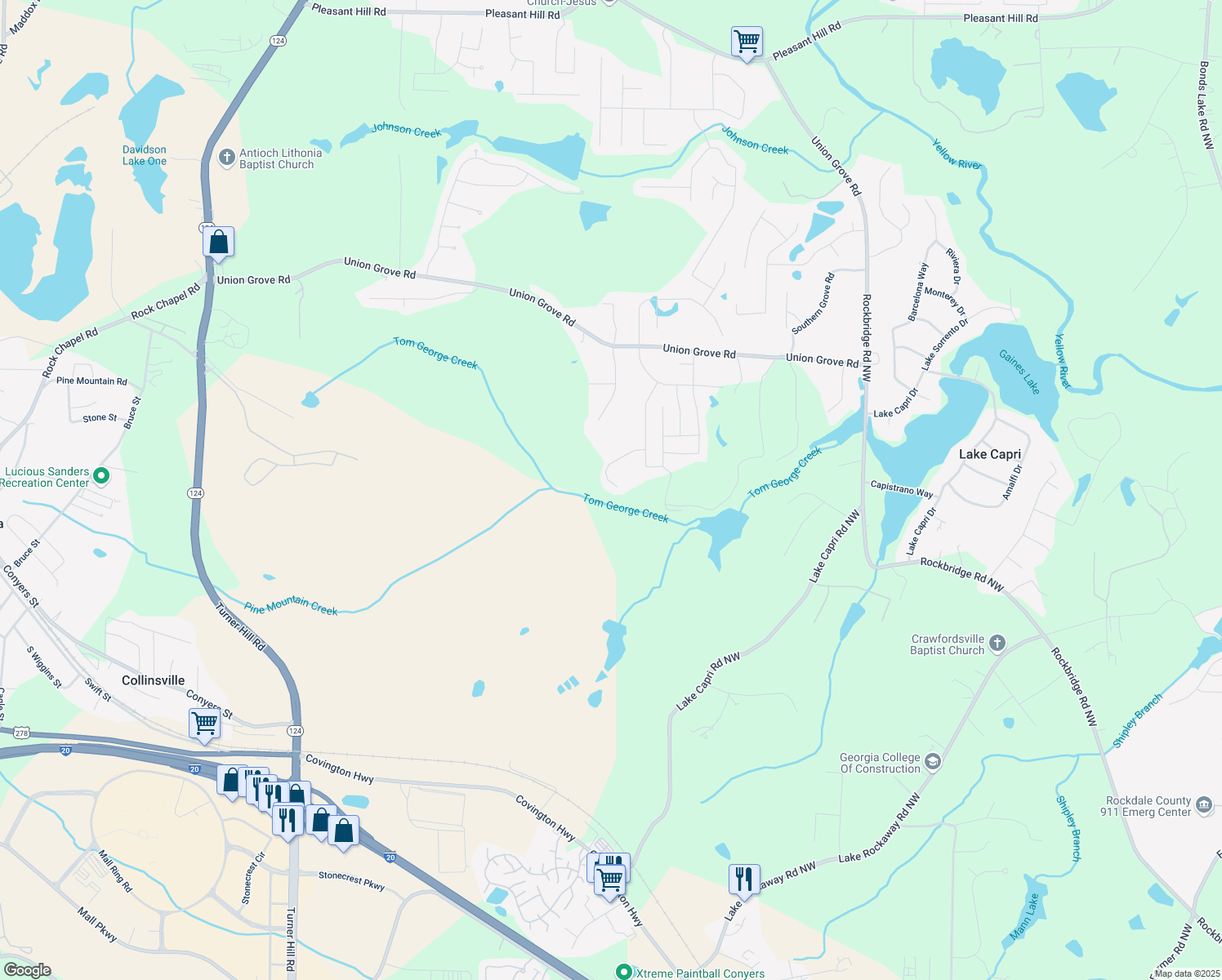 map of restaurants, bars, coffee shops, grocery stores, and more near 7698 Hansel Lane in Lithonia