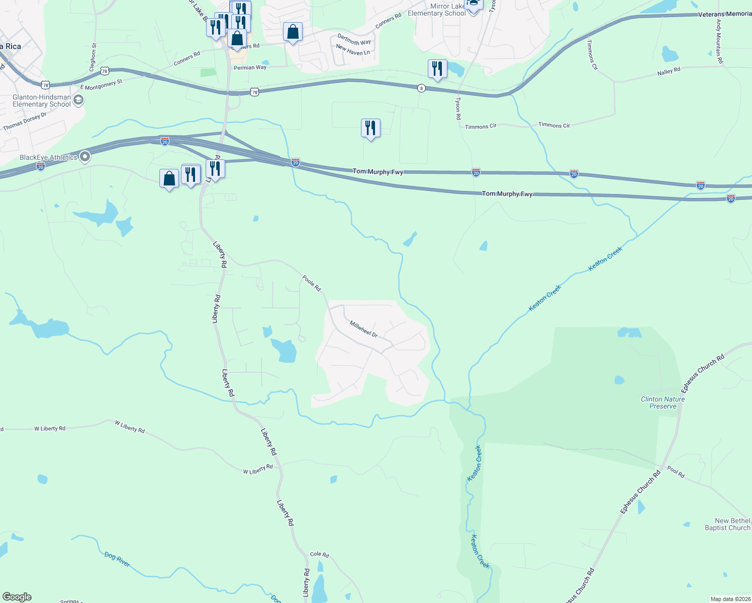 map of restaurants, bars, coffee shops, grocery stores, and more near 161 Whetstone Way in Villa Rica