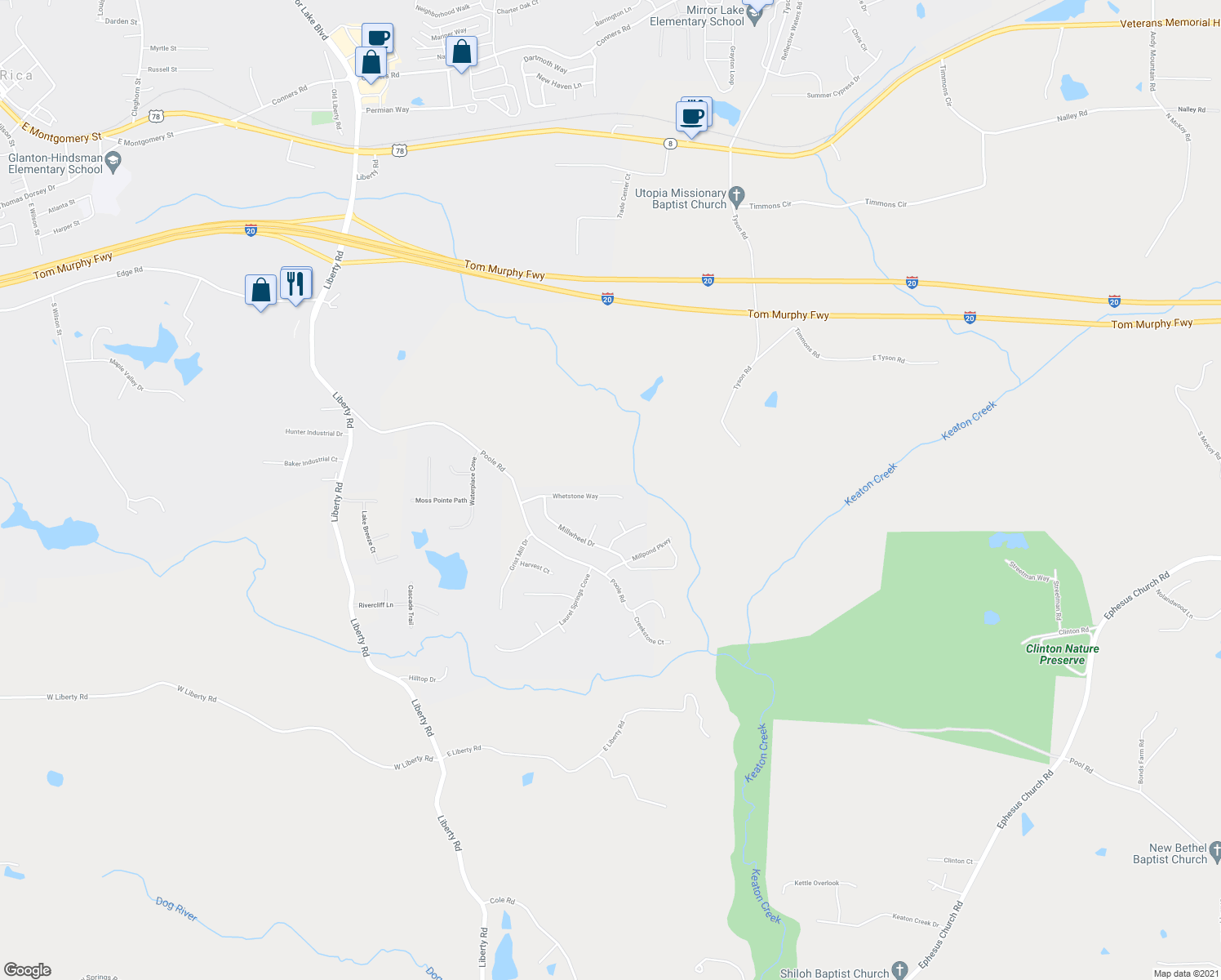 map of restaurants, bars, coffee shops, grocery stores, and more near 173 Whetstone Way in Villa Rica
