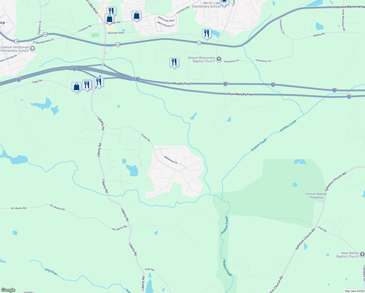 map of restaurants, bars, coffee shops, grocery stores, and more near 177 Whetstone Way in Villa Rica