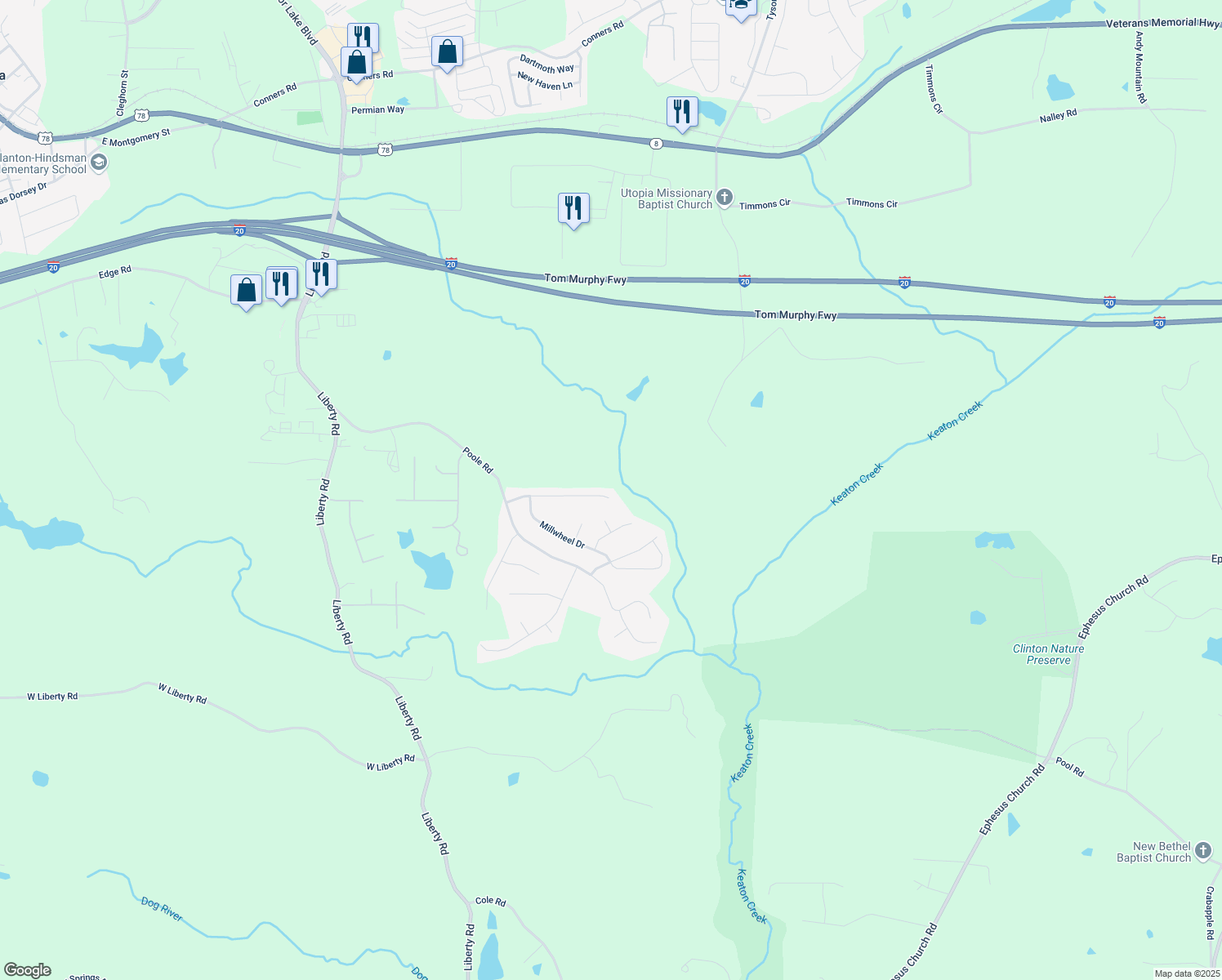 map of restaurants, bars, coffee shops, grocery stores, and more near 185 Whetstone Way in Villa Rica