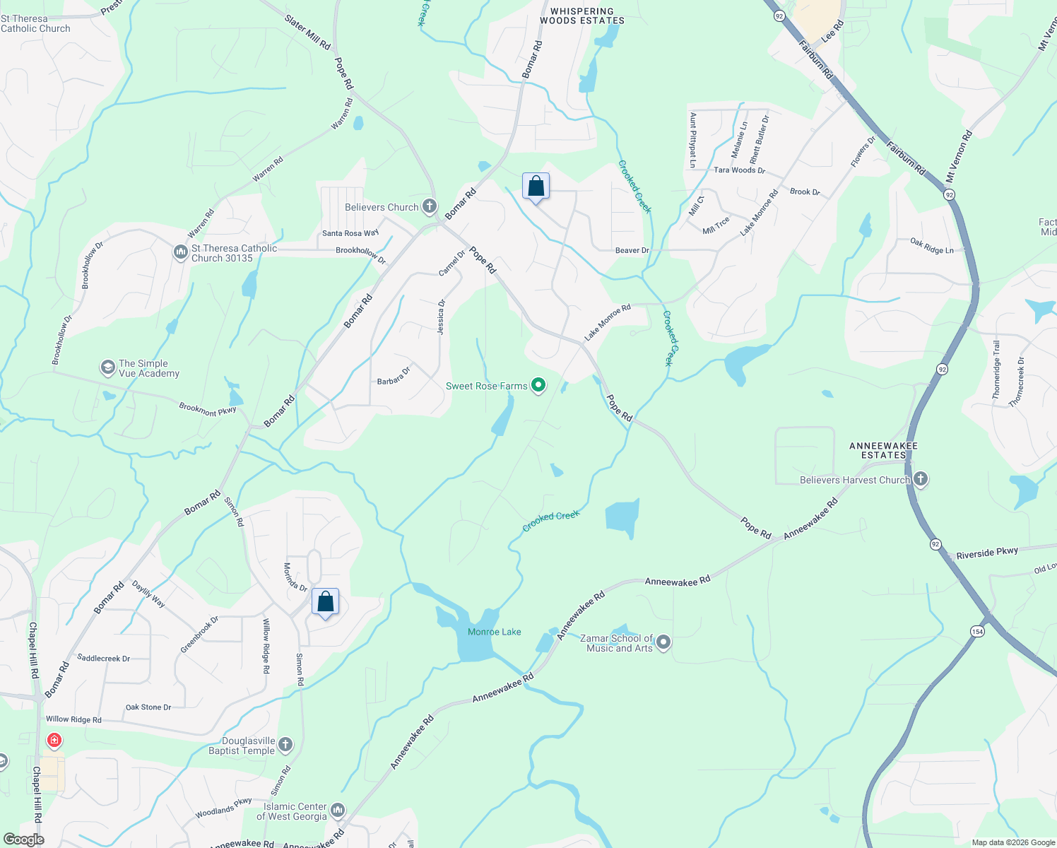map of restaurants, bars, coffee shops, grocery stores, and more near 3357 Lake Monroe Road in Douglasville