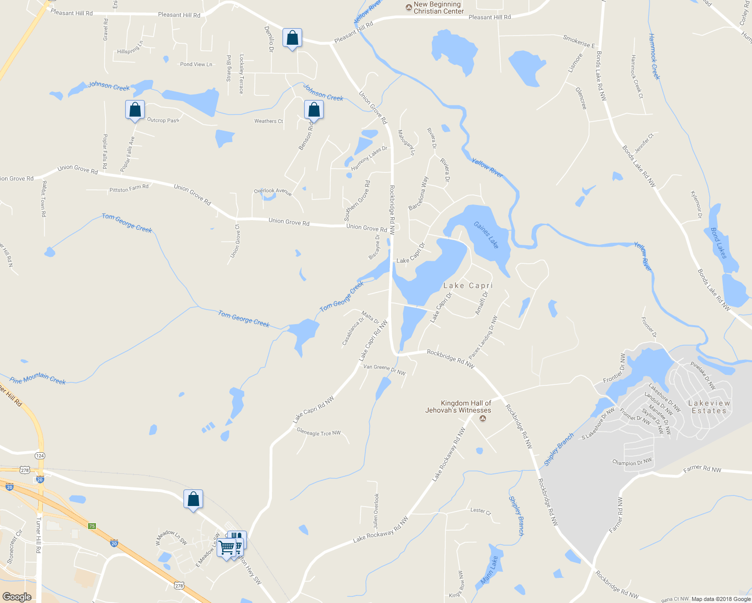 map of restaurants, bars, coffee shops, grocery stores, and more near 2242 Capri Cove in Conyers