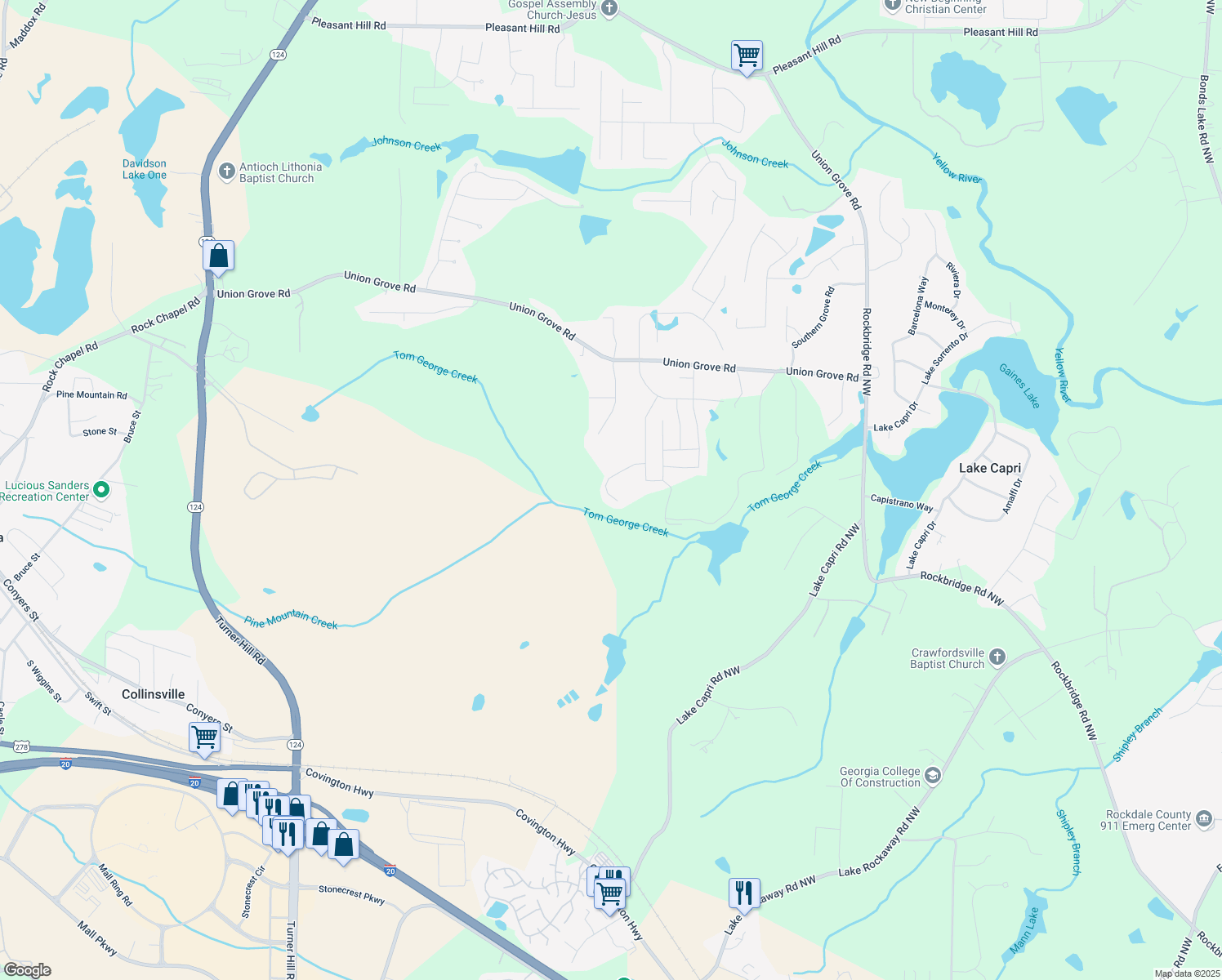 map of restaurants, bars, coffee shops, grocery stores, and more near 7698 Hansel Lane in Lithonia