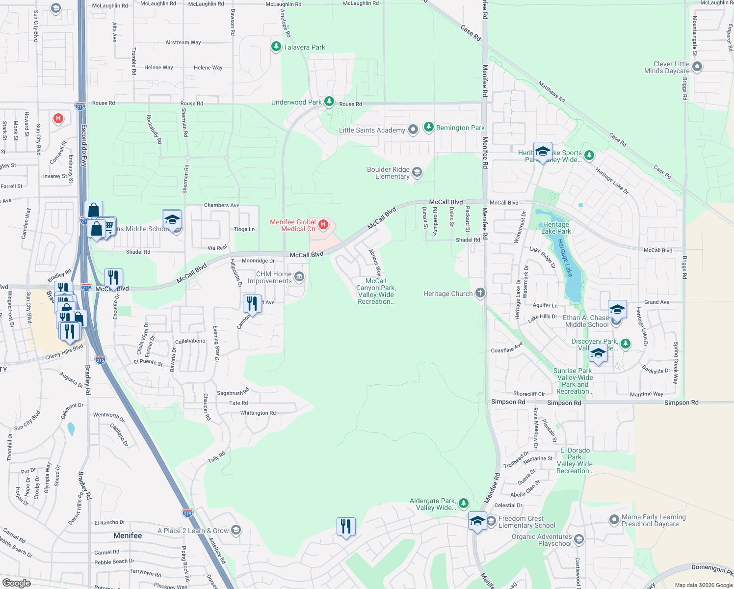 map of restaurants, bars, coffee shops, grocery stores, and more near 28363 Brantley Court in Menifee