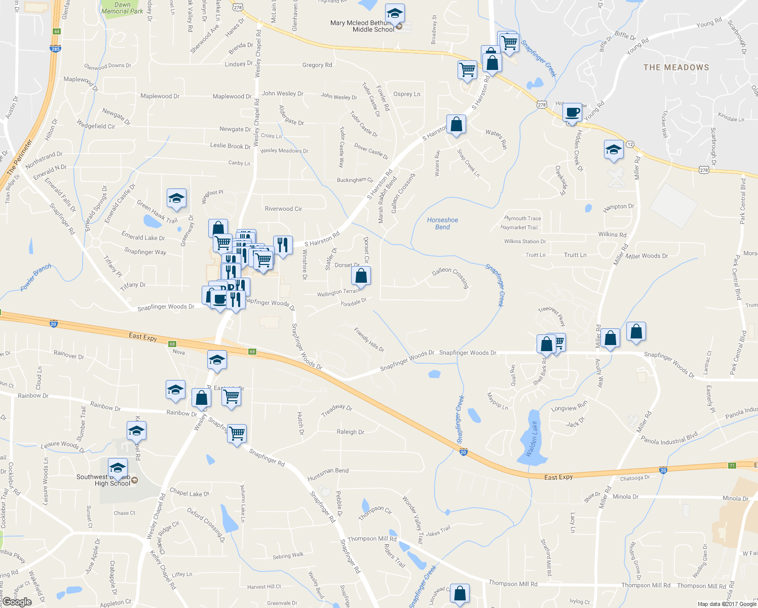 map of restaurants, bars, coffee shops, grocery stores, and more near 4881 Galleon Crossing in Decatur