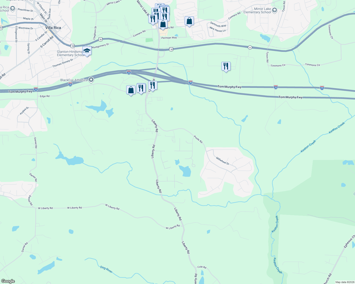 map of restaurants, bars, coffee shops, grocery stores, and more near 3355 Echo Falls Court in Villa Rica
