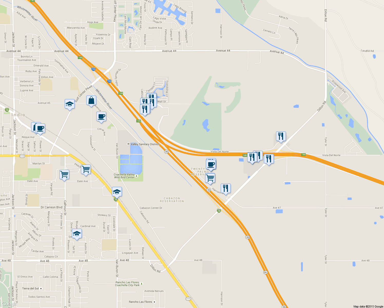 map of restaurants, bars, coffee shops, grocery stores, and more near Christopher Columbus Transcontinental Hwy in Coachella