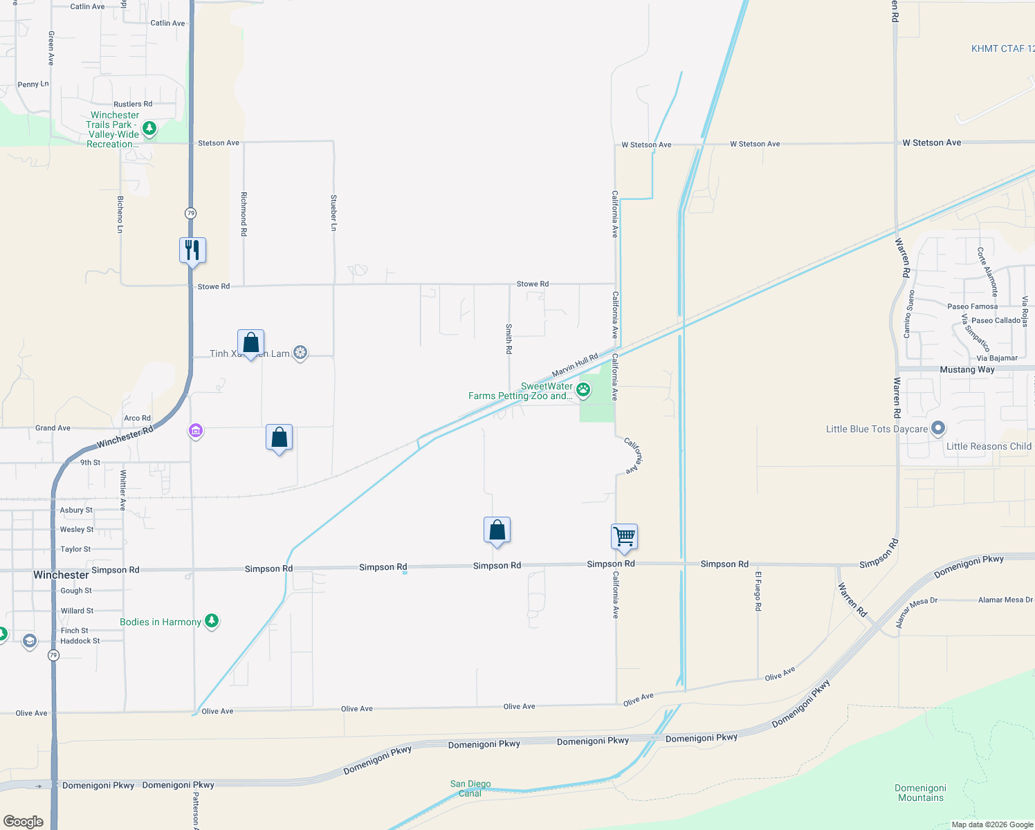 map of restaurants, bars, coffee shops, grocery stores, and more near 27955 California Avenue in Winchester