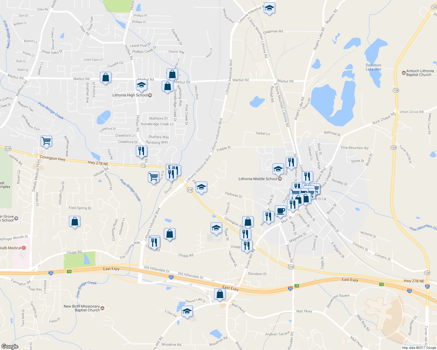 map of restaurants, bars, coffee shops, grocery stores, and more near 2770 Parkway Cove in Lithonia