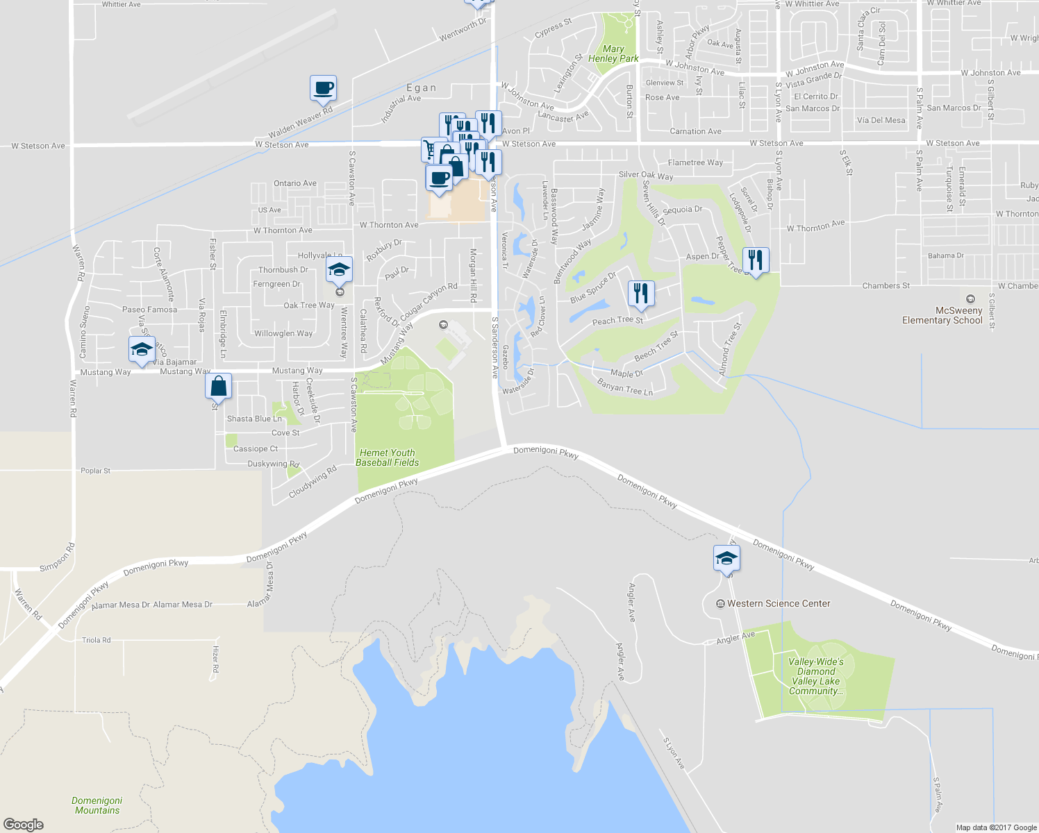 map of restaurants, bars, coffee shops, grocery stores, and more near 3179 Red Cedar Trail in Hemet