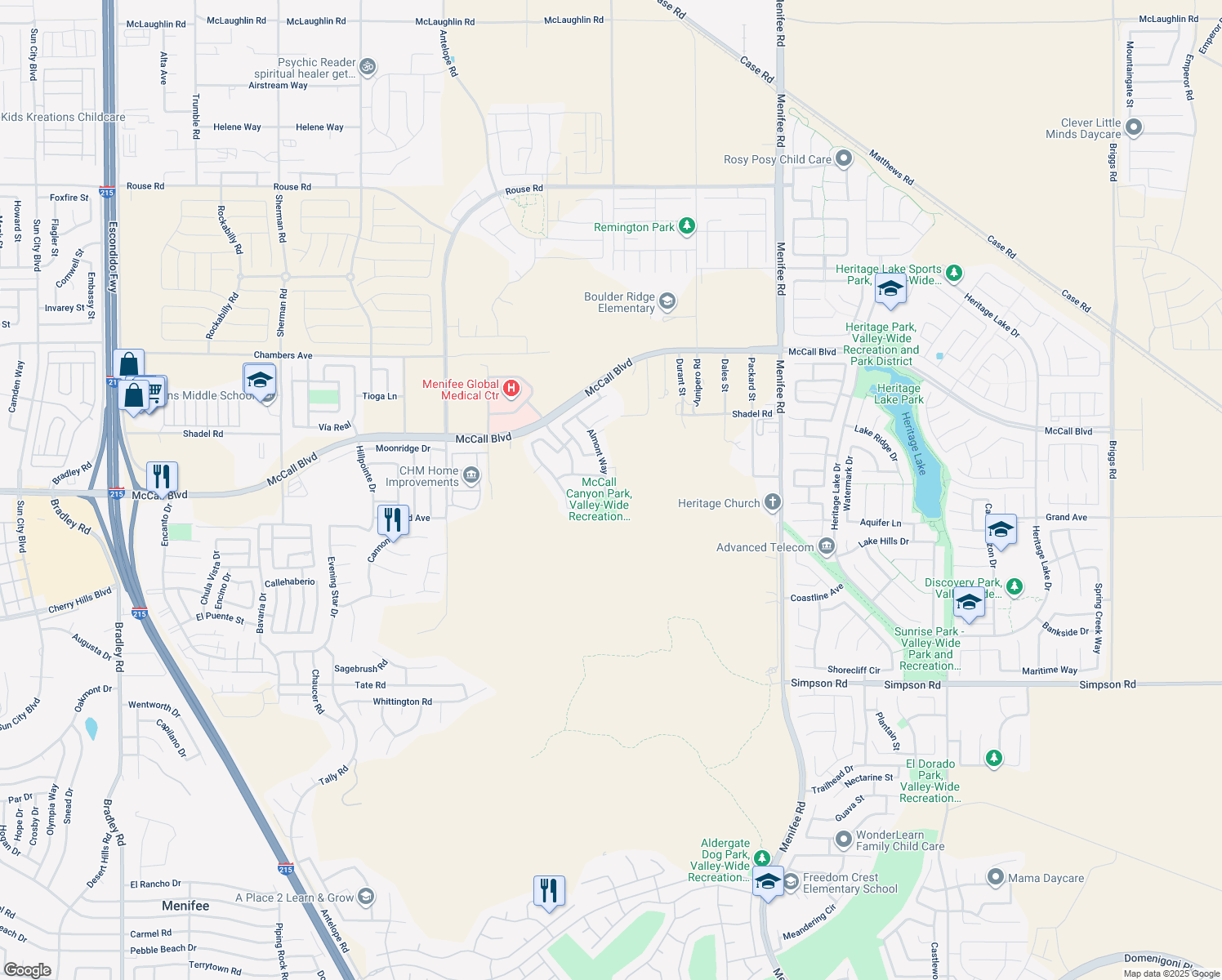 map of restaurants, bars, coffee shops, grocery stores, and more near 27896 Almont Way in Menifee