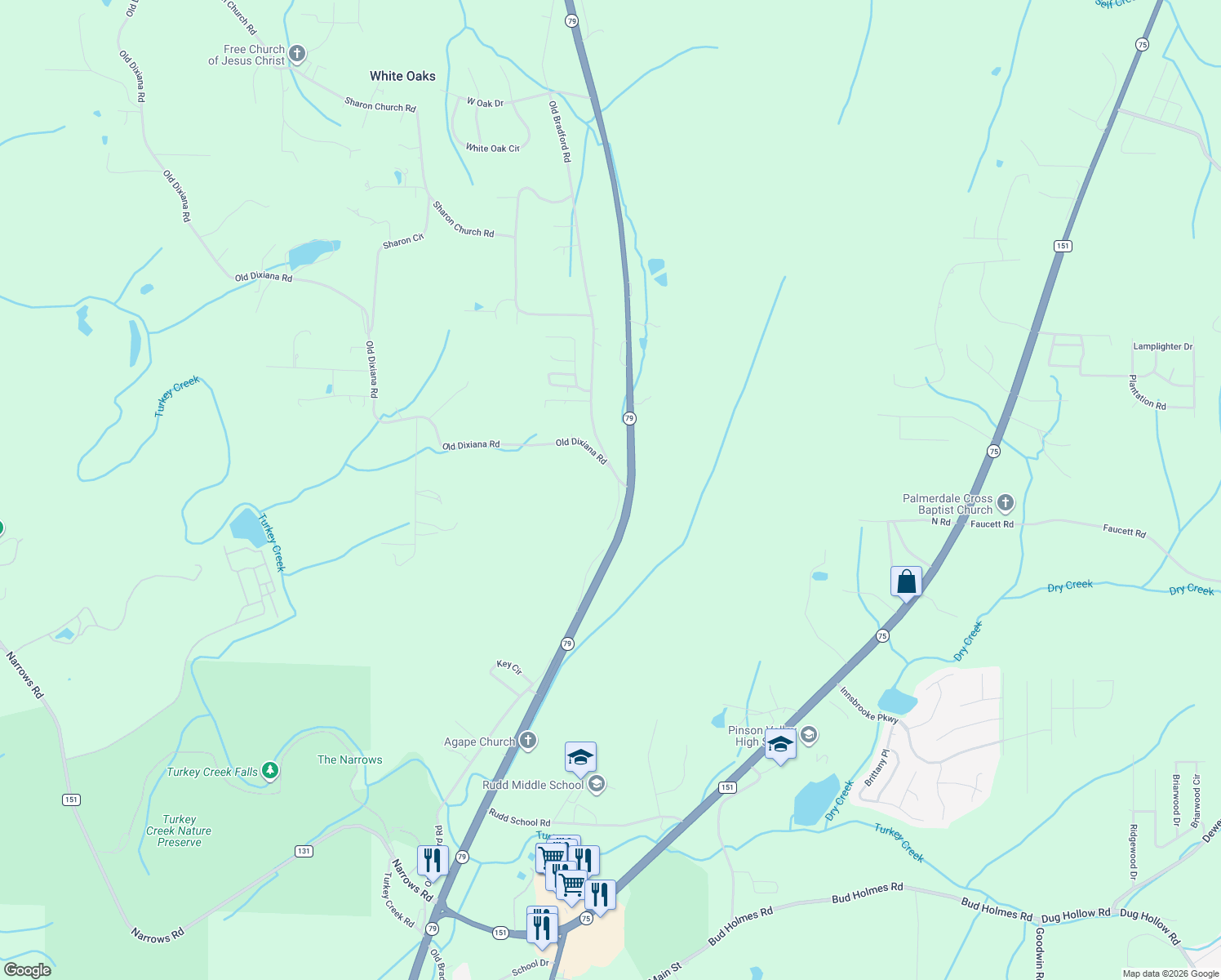 map of restaurants, bars, coffee shops, grocery stores, and more near 7260 Old Bradford Road in Pinson