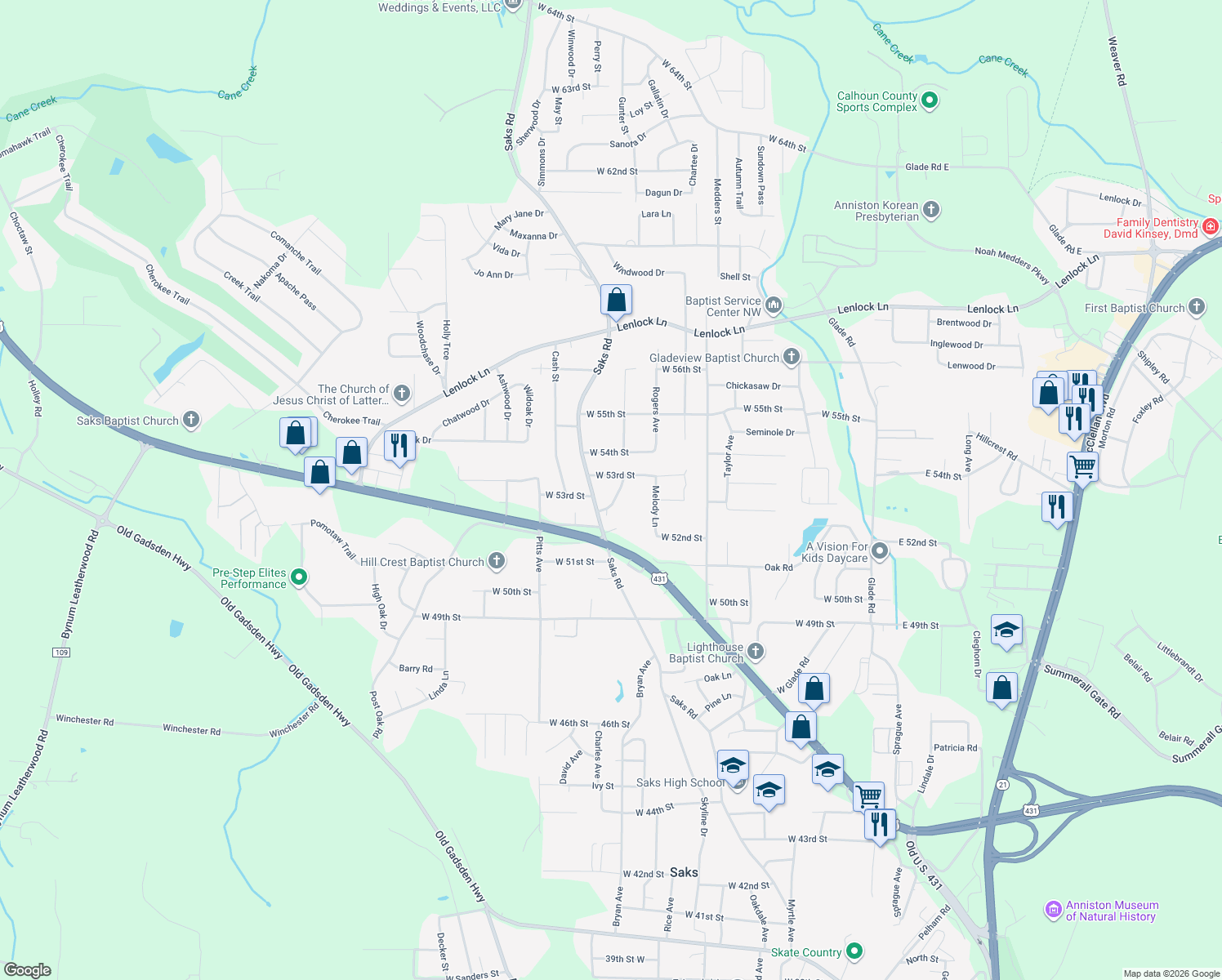 map of restaurants, bars, coffee shops, grocery stores, and more near 5230 Sakston Drive in Anniston