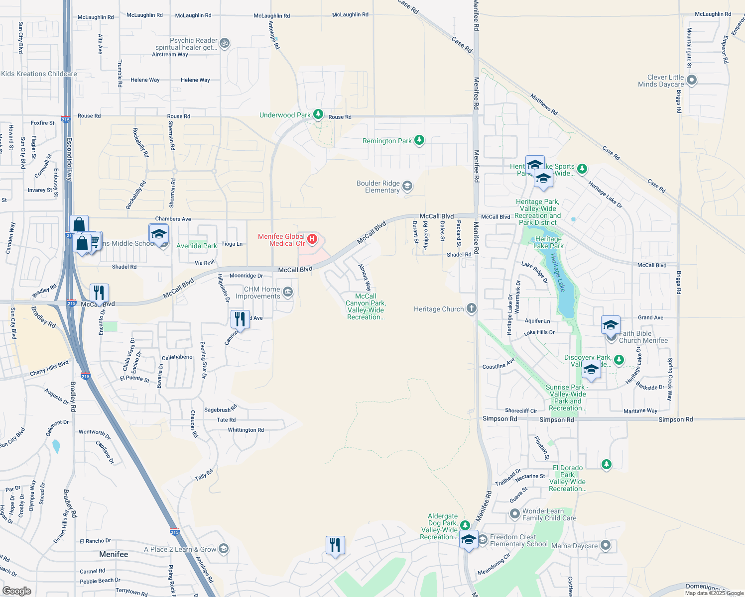 map of restaurants, bars, coffee shops, grocery stores, and more near 27884 Almont Way in Menifee