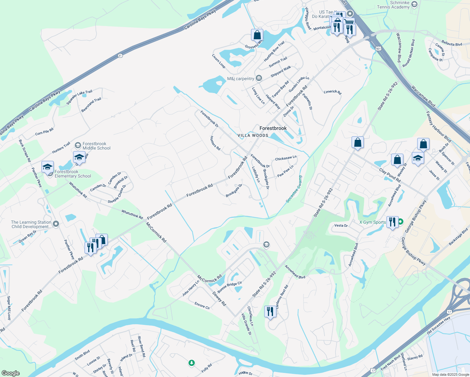 map of restaurants, bars, coffee shops, grocery stores, and more near 116 Brookgate Drive in Myrtle Beach