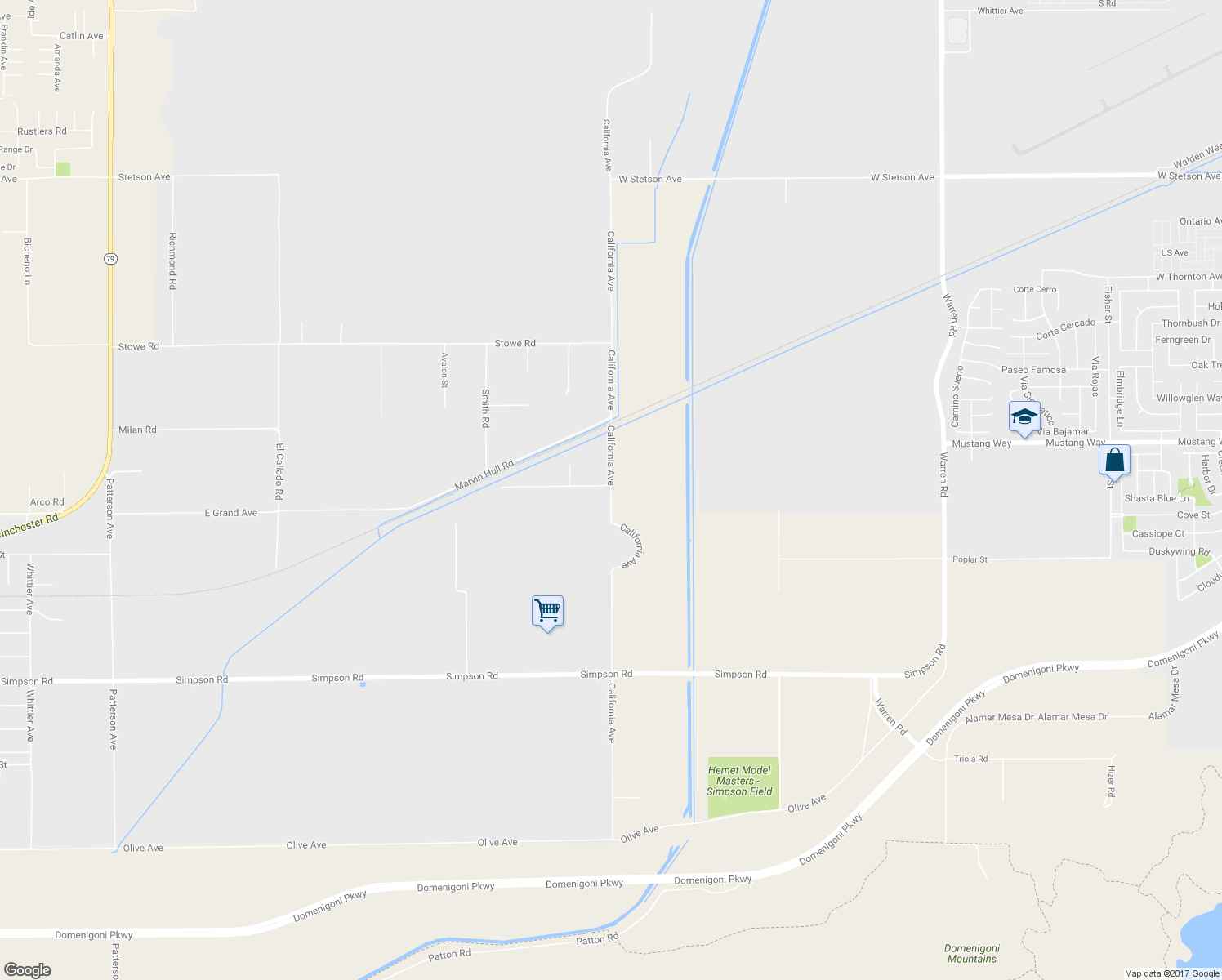 map of restaurants, bars, coffee shops, grocery stores, and more near 27955 California Avenue in Winchester