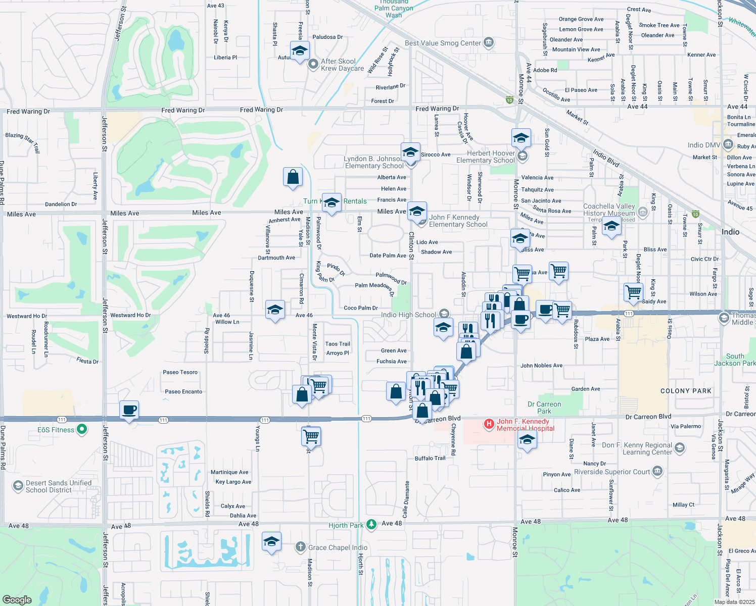map of restaurants, bars, coffee shops, grocery stores, and more near 45881 Paradise Palm Lane in Indio