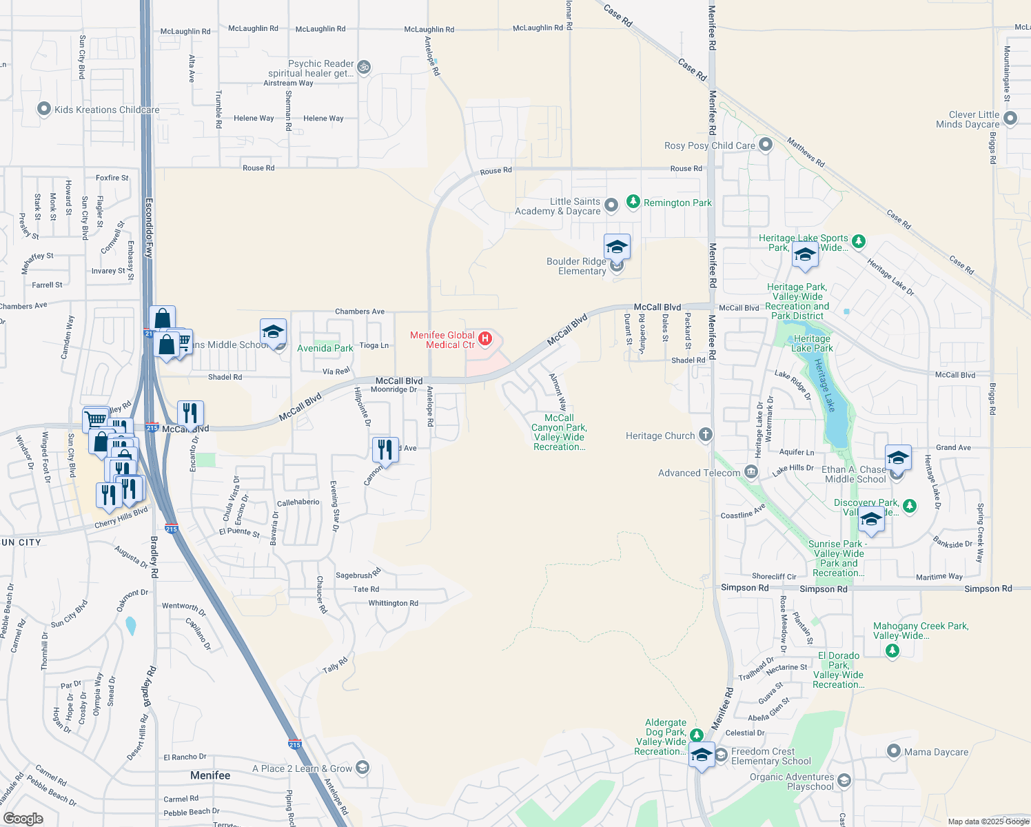 map of restaurants, bars, coffee shops, grocery stores, and more near 27849 Maywood Bend Drive in Menifee