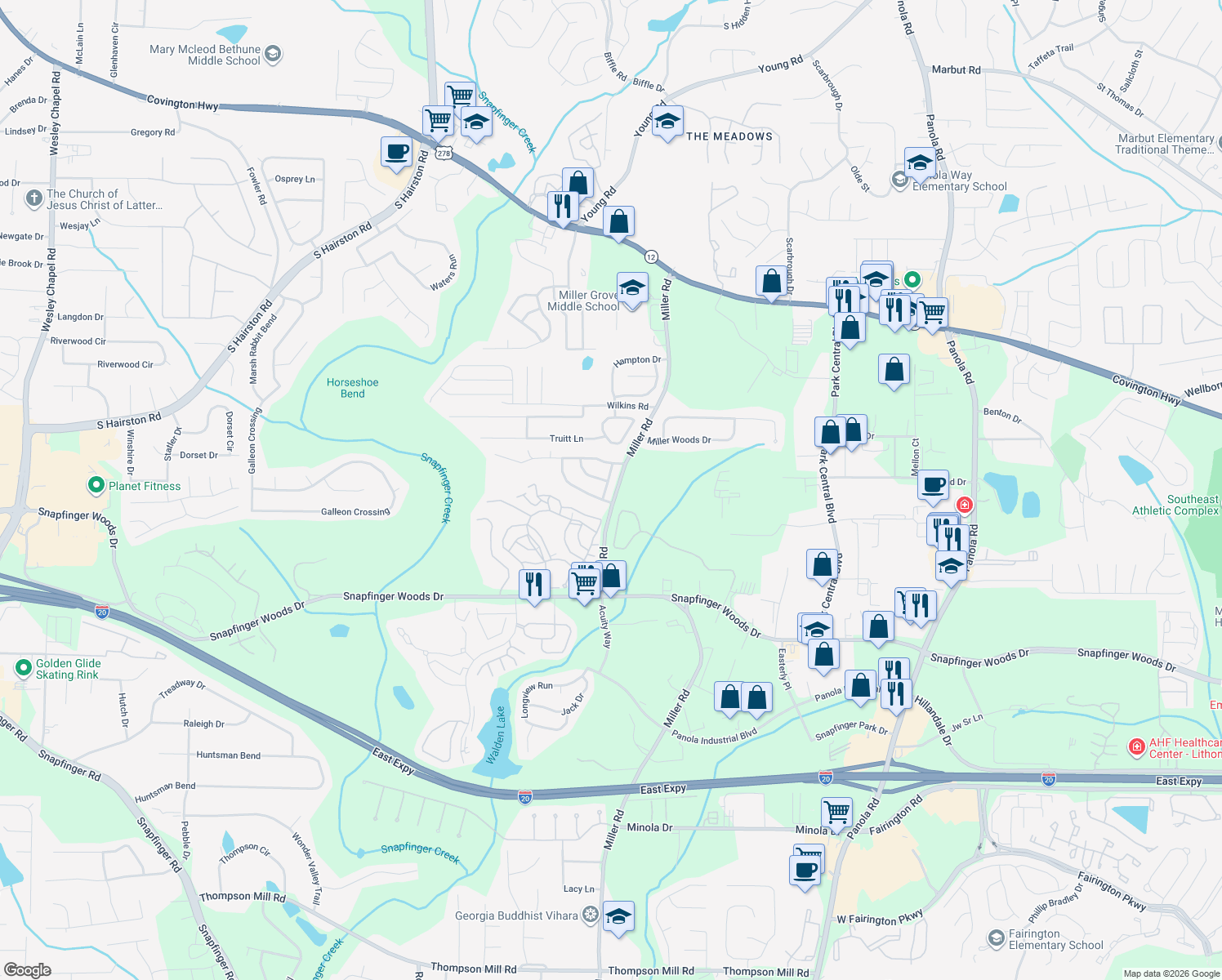 map of restaurants, bars, coffee shops, grocery stores, and more near 2452 Kentwell Ln in Decatur