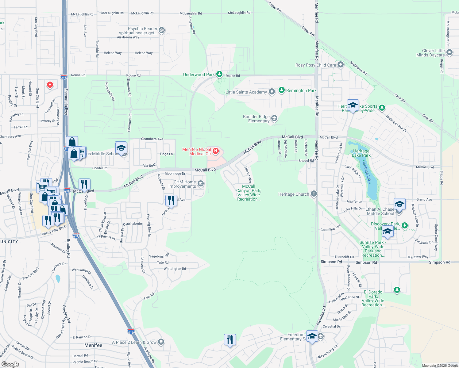 map of restaurants, bars, coffee shops, grocery stores, and more near 27849 Maywood Bend Drive in Menifee