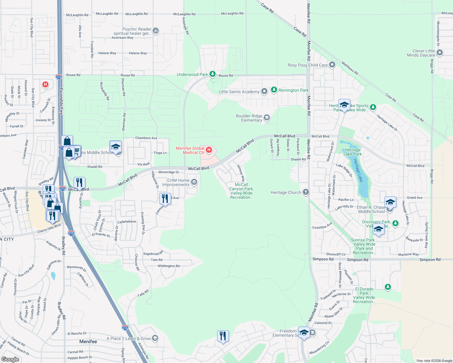 map of restaurants, bars, coffee shops, grocery stores, and more near 27864 Maywood Bend Drive in Menifee