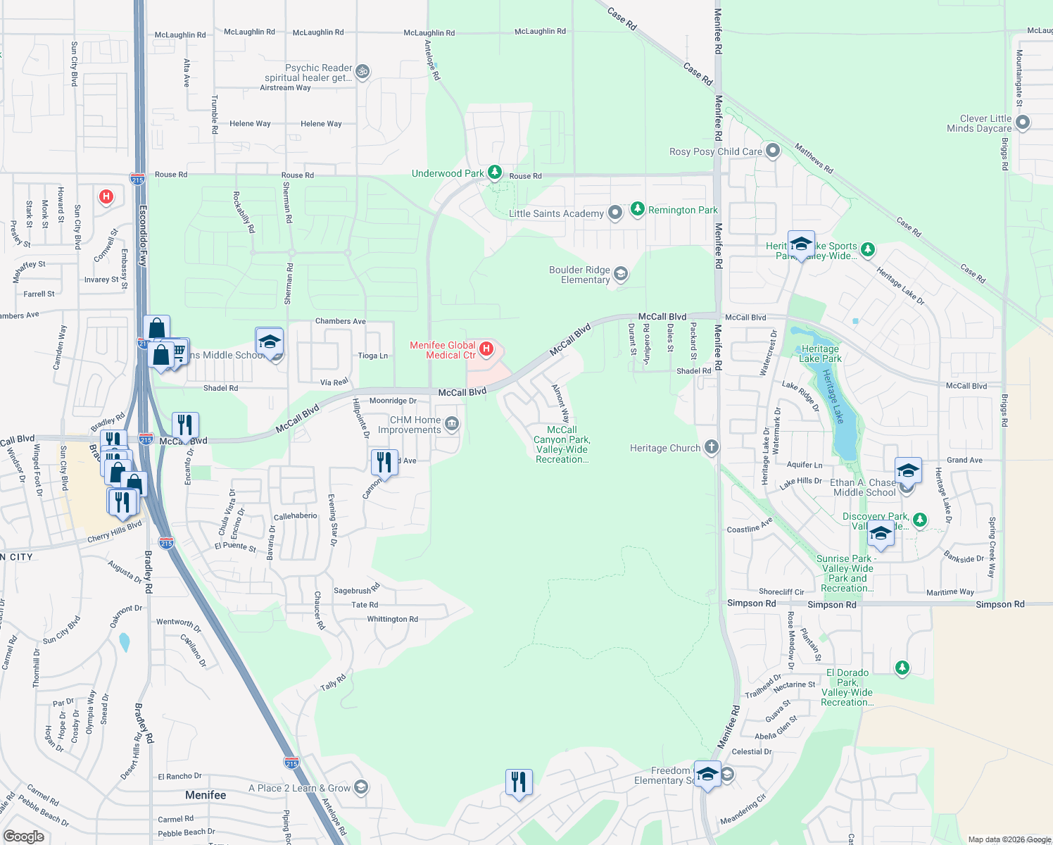 map of restaurants, bars, coffee shops, grocery stores, and more near 27864 Maywood Bend Drive in Menifee