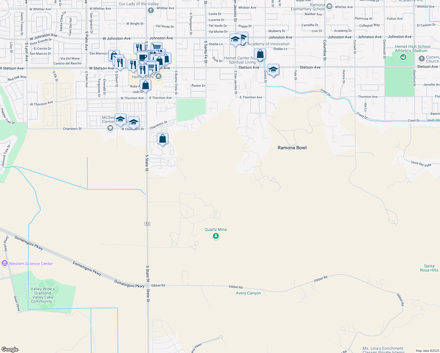 map of restaurants, bars, coffee shops, grocery stores, and more near Pachea Trail in Hemet