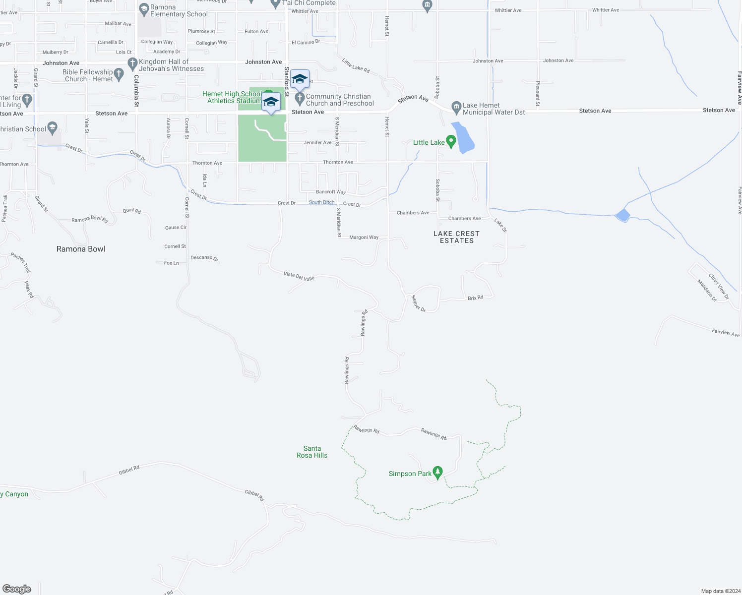 map of restaurants, bars, coffee shops, grocery stores, and more near 28405 Vista Del Valle in Hemet