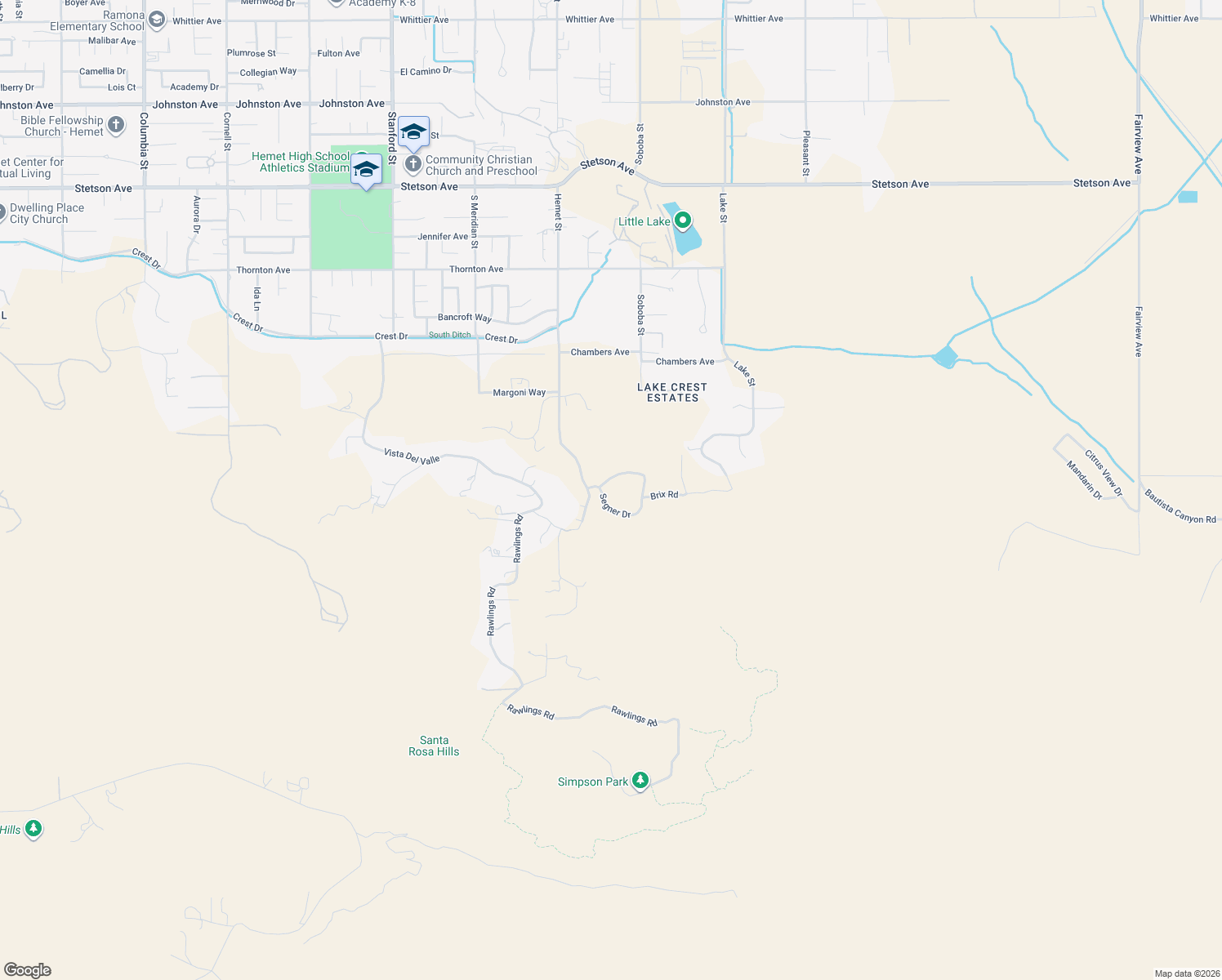 map of restaurants, bars, coffee shops, grocery stores, and more near 42590 Segner Drive in Hemet
