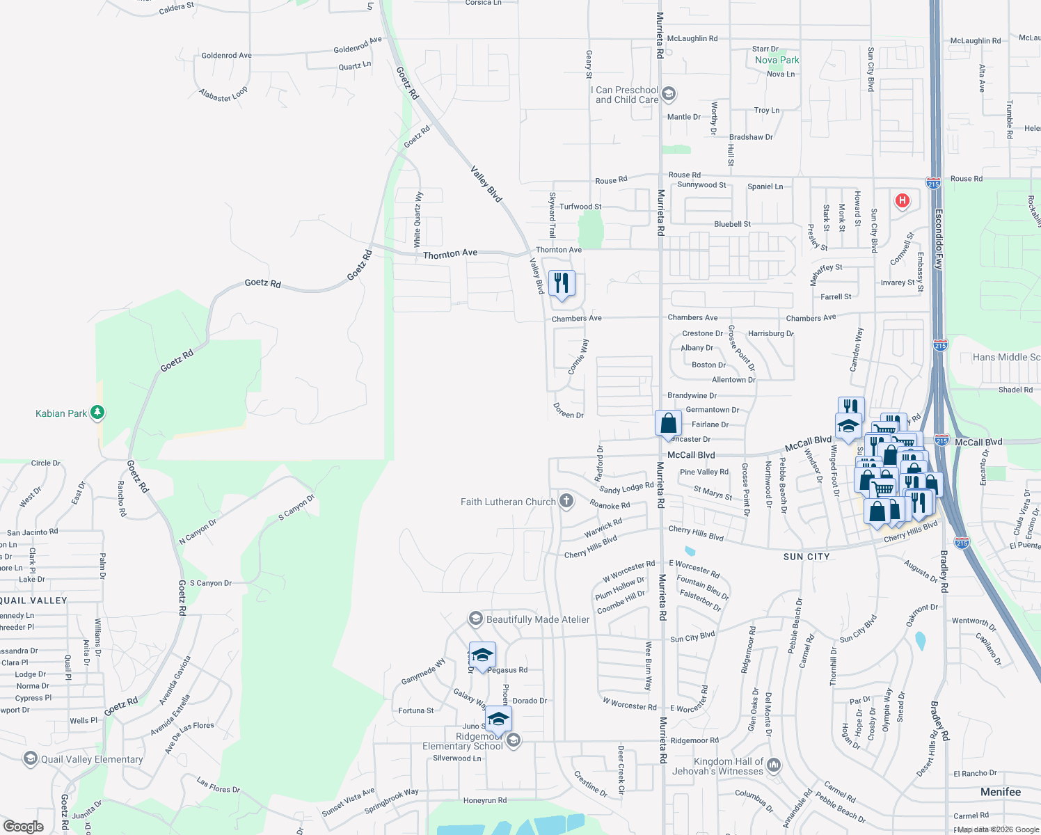 map of restaurants, bars, coffee shops, grocery stores, and more near 27976 Doreen Drive in Menifee