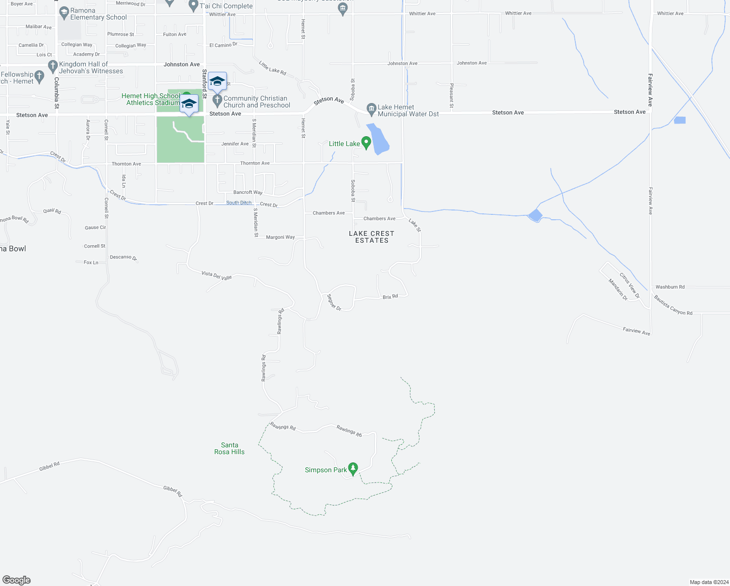 map of restaurants, bars, coffee shops, grocery stores, and more near 42540 Brix Road in Hemet