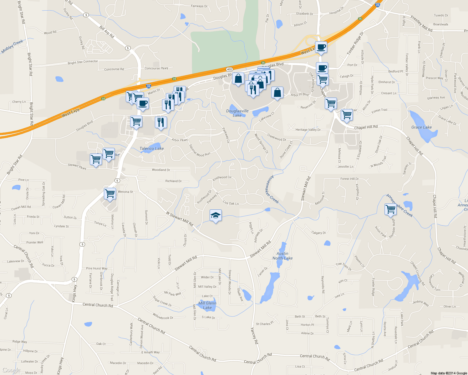 map of restaurants, bars, coffee shops, grocery stores, and more near 6689 Knollwood Circle in Douglasville