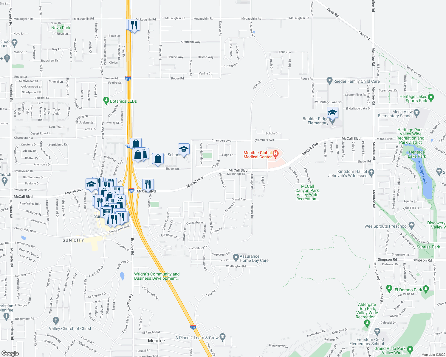 map of restaurants, bars, coffee shops, grocery stores, and more near 27773 Moonridge Drive in Menifee