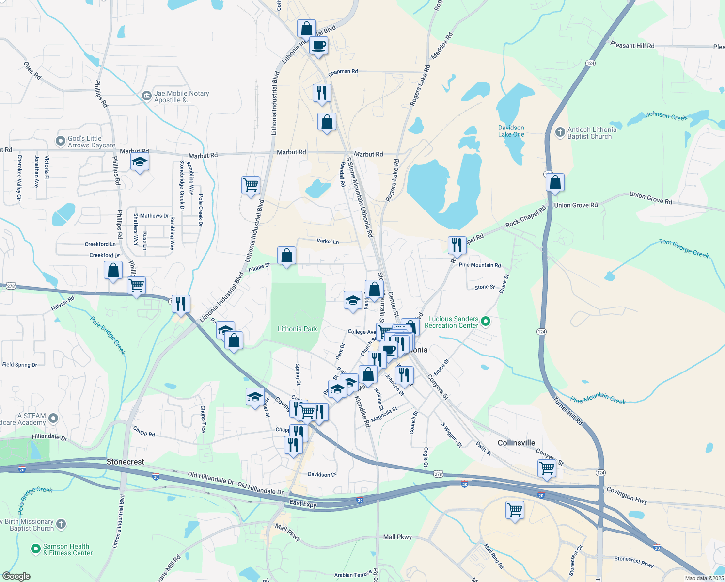map of restaurants, bars, coffee shops, grocery stores, and more near 2391 Randall Avenue in Lithonia
