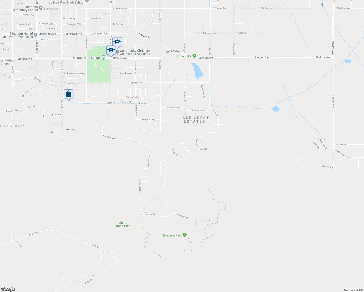 map of restaurants, bars, coffee shops, grocery stores, and more near 42590 Segner Drive in Hemet